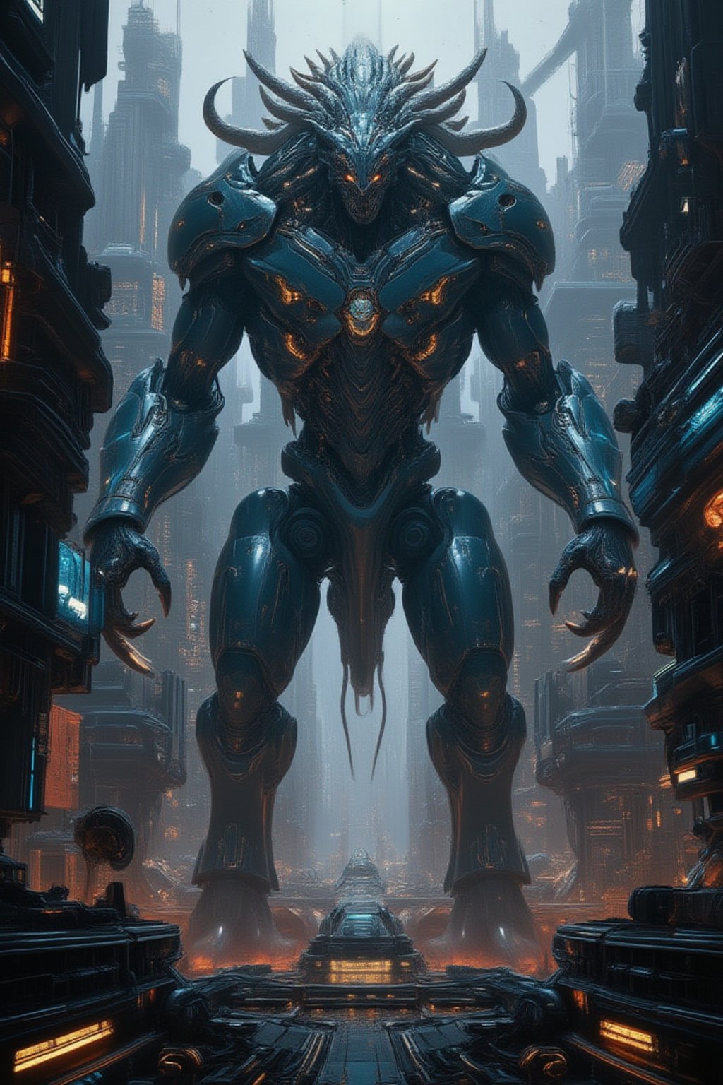 A gigantic alien monster towering over a futuristic city, its massive form covered in bioluminescent armor-like skin, with glowing eyes and sharp claws. The creature’s limbs stretch across skyscrapers, smashing through buildings as its tail whips through the city. The futuristic city beneath is filled with towering, neon-lit skyscrapers, flying vehicles, and advanced technology, all thrown into chaos as the alien monster rampages,FuturEvoLabGiant,FuturEvoLabMecha,FuturEvoLabArmor