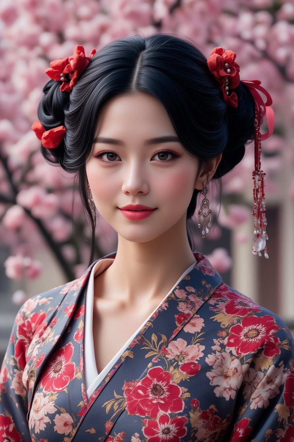 A serene Japanese maiden stands alone against a blurry backdrop of blooming cherry blossom trees. She gazes directly at the viewer with a gentle smile, her parted bangs framing her heart-shaped face. Her black hair cascades down her back, adorned with intricate hair ornaments and hair rings. Red eyes sparkle beneath luscious eyelashes, and her lips curve upward in a subtle grin. A floral print kimono drapes across her upper body, its vibrant colors muted by the soft focus of the background. Delicate earrings and a tassel dangle from her ears as she wears a bow-adorned hairstyle. The camera's shallow depth of field blurs everything except for our subject, emphasizing her captivating presence.