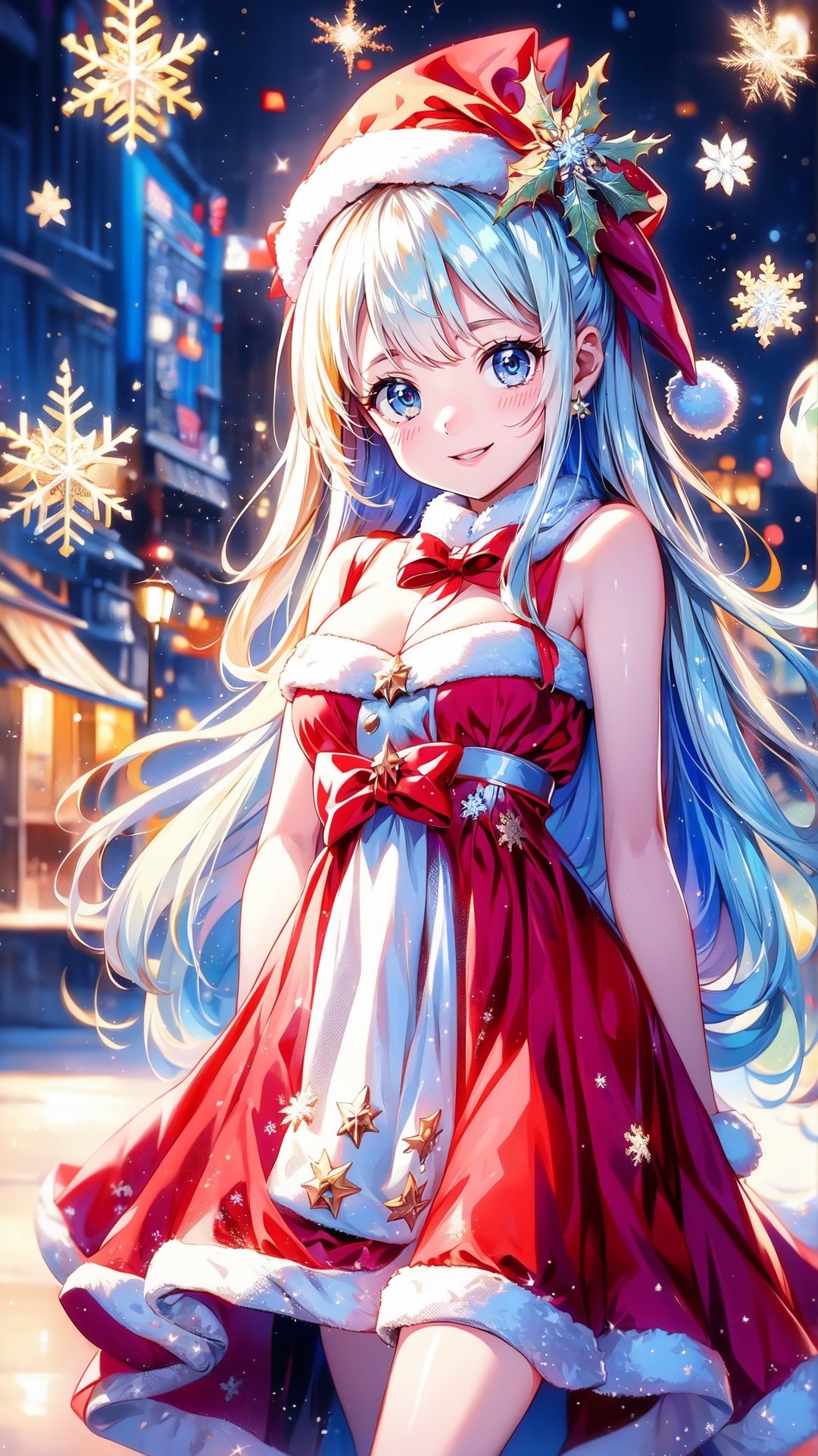 A little match seller in a Christmas costume surrounded by beautiful snowflakes,Snowflake