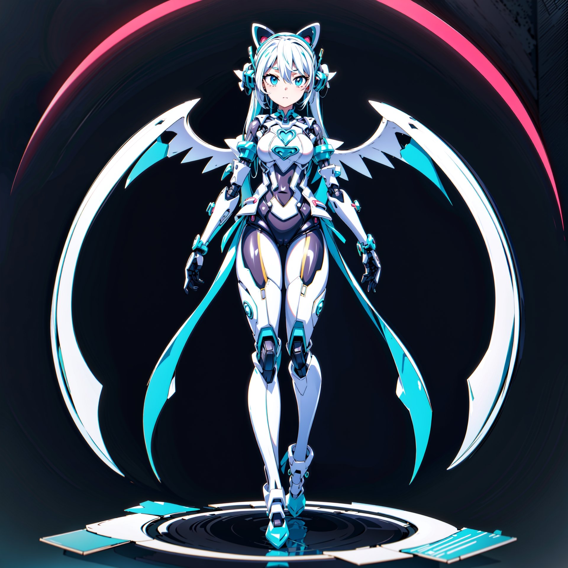 1girl, Q-version, 2-head-tall, full-body, standing front view, symmetrical, cute lolita style, cyberpunk robot, angel wings made of stylus pens from various drawing tablets, blue and white color scheme, tech accessories, vector art, Leonardo Style, center image, cute, chibi, pure black background, (4k, ultra high detail), clean image, clean vector, tshirt design, ornament,3DMM