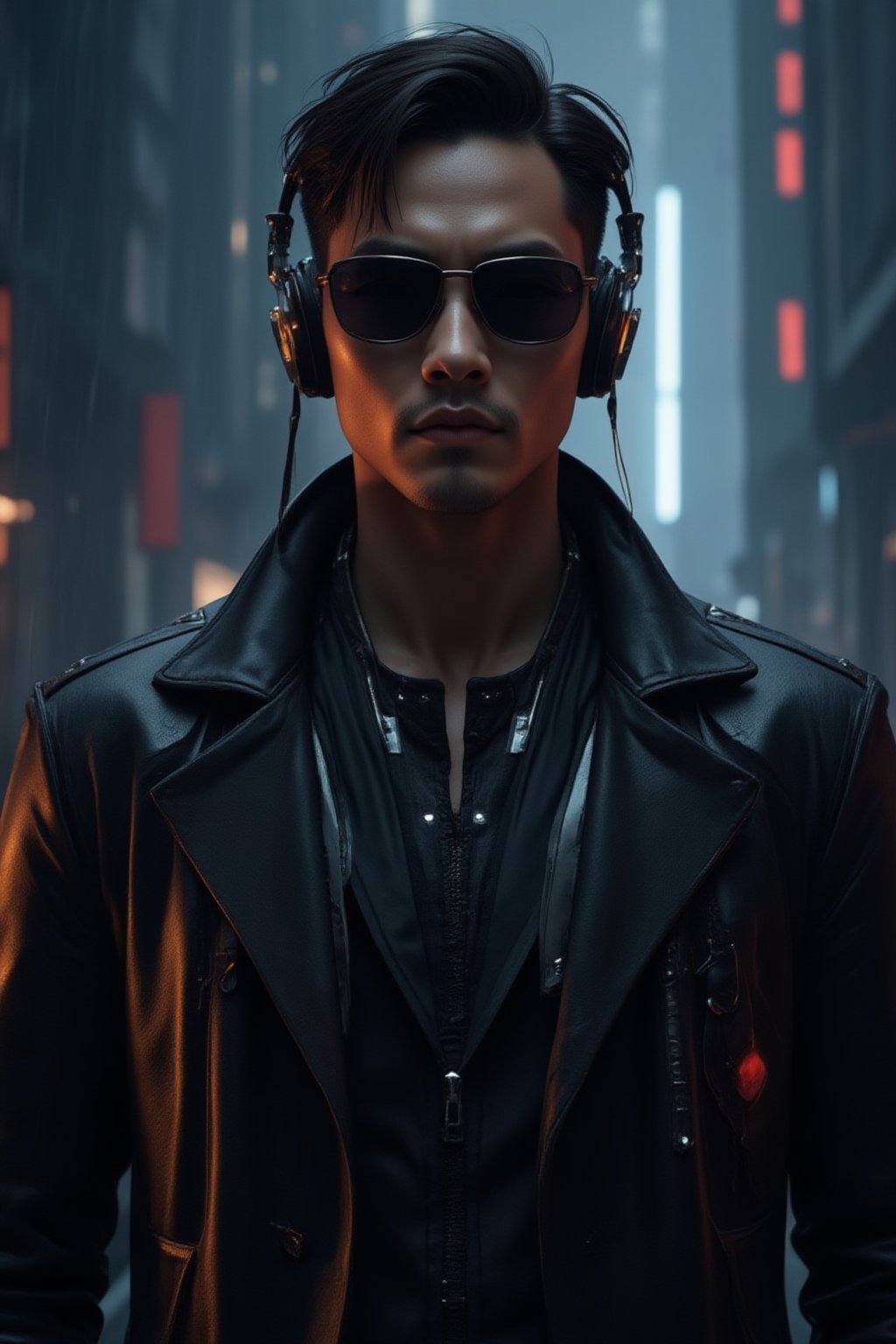 A close-up shot of a man wearing sleek black sunglasses and a long, flowing black leather trench coat, reminiscent of characters from *The Matrix*. His expression is stoic, exuding a sense of mystery and power. The futuristic coat is detailed with subtle metallic accents and cybernetic enhancements visible on his neck and collar. He is also wearing sleek, high-tech headphones that blend seamlessly into the cyberpunk aesthetic, with glowing accents that match the metallic elements of his outfit. The background features a dark, dystopian city with neon lights reflecting off his sunglasses, digital rain falling, and towering skyscrapers in the distance, evoking a cyberpunk atmosphere. The scene is intense and filled with a futuristic, high-tech vibe, focusing on the man's upper body and head, capturing his presence and confidence, FuturEvoLabScene, FuturEvoLabNinja