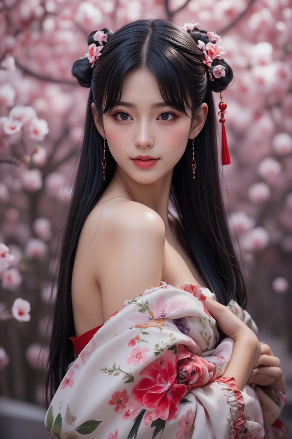 A serene Japanese maiden stands alone against a blurry backdrop of blooming cherry blossom trees. She gazes directly at the viewer with a gentle smile, her parted bangs framing her heart-shaped face. Her black hair cascades down her back, adorned with intricate hair ornaments and hair rings. Red eyes sparkle beneath luscious eyelashes, and her lips curve upward in a subtle grin. A floral print kimono drapes across her upper body, its vibrant colors muted by the soft focus of the background. Delicate earrings and a tassel dangle from her ears as she wears a bow-adorned hairstyle. The camera's shallow depth of field blurs everything except for our subject, emphasizing her captivating presence.