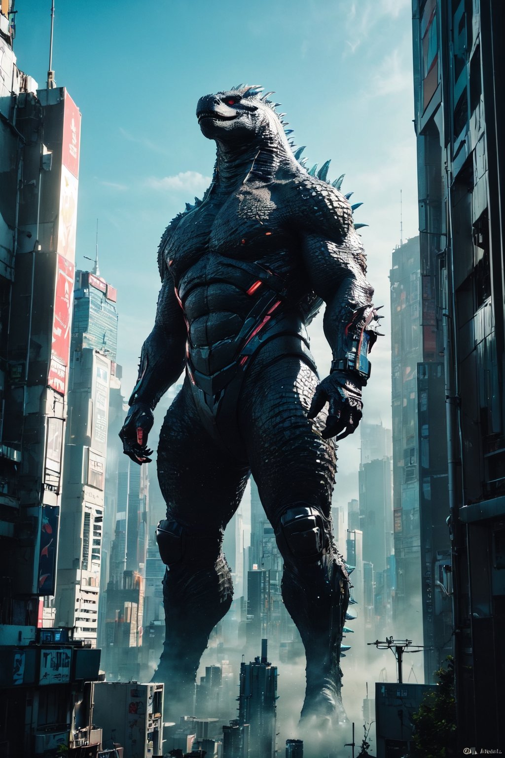 (Masterpiece:1.5), (Best quality:1.5), Cyberpunk style, full body, A towering, majestic Godzilla, towering above the city with scales shimmering in the sunlight. This larger-than-life reptilian creature is depicted in a realistic painting, showcasing its iconic features in intricate detail. The artist expertly captures the creature's immense power and strength, with every scale, claw, and fang meticulously rendered. The image exudes a sense of awe and wonder, drawing viewers into the fantastical world of this legendary monster.