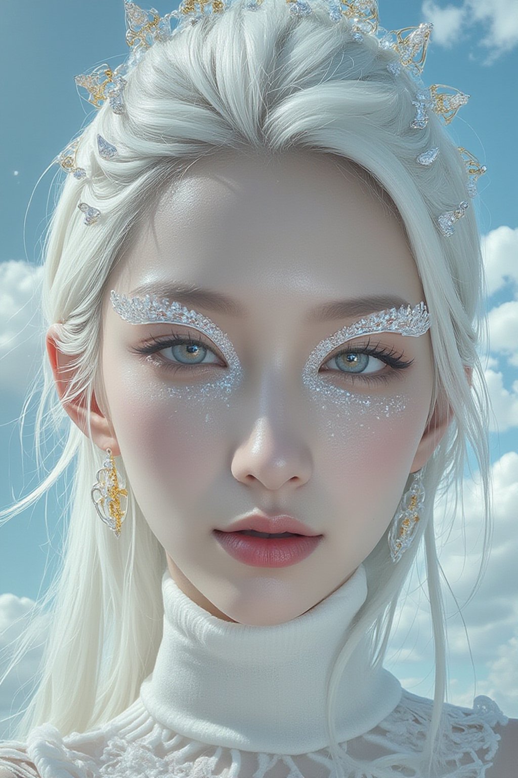 close, albino woman with glowing eyes and hair in white gold jewelry, light painting, futuristic digital, realistic sci-fi, lights, gold filigree, silver lashes, diamond, ethereal, misty, holographic, white sky on background,glitter