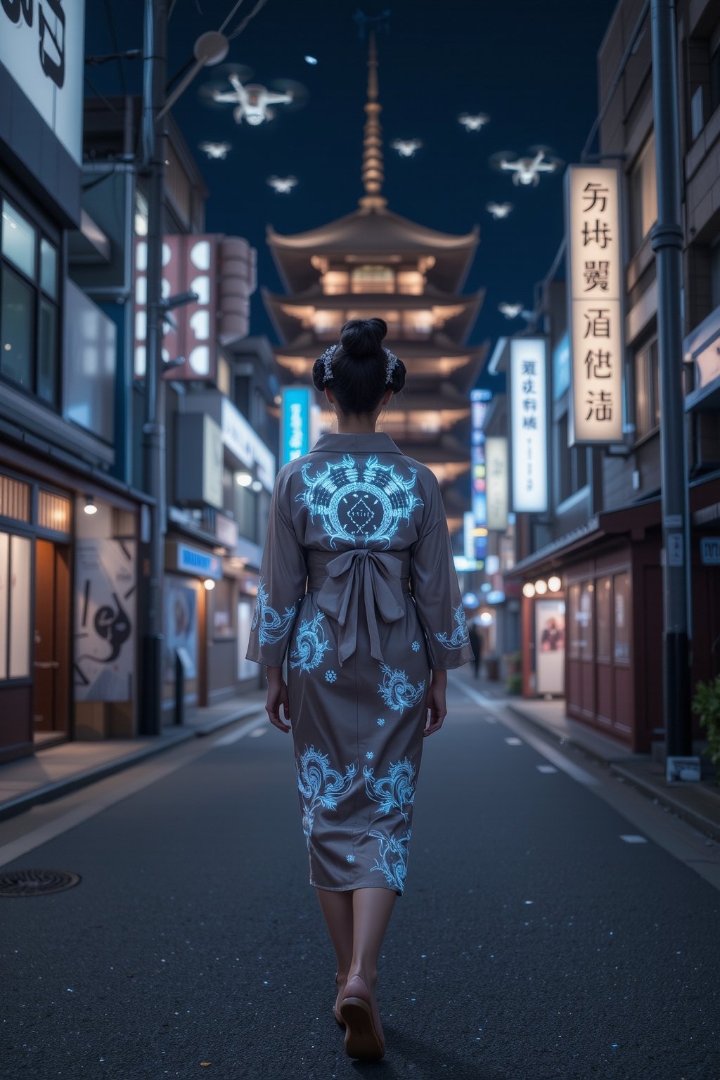 A stunning Japanese beauty stands on the futuristic Kyoto streets at night, her luxurious kimono glowing subtly with embedded LED patterns that shift and change with her movements. Her geisha-style hair is adorned with kanzashi that are designed with sleek, futuristic metallic elements, glowing softly in sync with the neon lights of the city. The digital panels and holographic displays on the buildings around her constantly update with advertisements and virtual art that blend tradition and technology. The night sky above is filled with drones and flying vehicles, casting flickering lights across the AI-enhanced temples. Her wooden geta clogs have been updated with hover technology, allowing her to glide smoothly across the pavement, adding to the ultra-futuristic vibe of Kyoto.