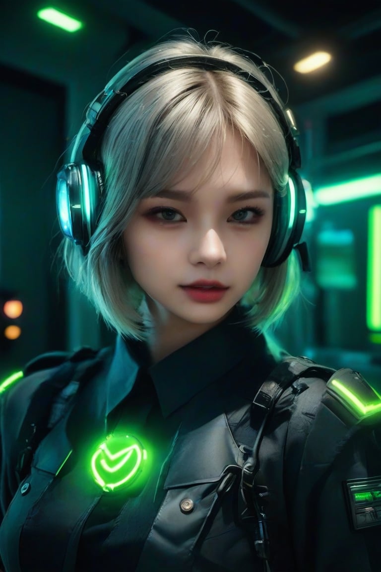 masterpiece, best quality, photorealistic, 1girl, solo, short bob cut, metallic silver hair, looking at viewer, upper body, Dark Urban Background, minimal background, soft green lighting, sharp shadows, focused expression, detailed skin, smooth features, modern setup, classic portrait style, high clarity, simple background, cinematic lighting, wearing a cyberpunk officer uniform with sleek lines, glowing badges, and integrated communication headset, authoritative and futuristic
