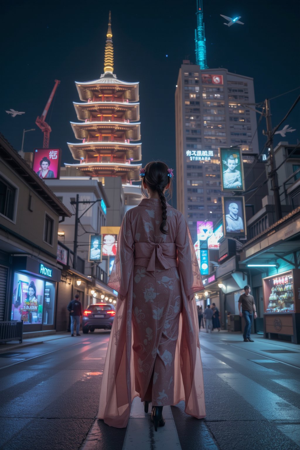 A breathtaking Japanese woman in a luxurious kimono stands confidently on the neon-lit streets of a futuristic Kyoto. Her kimono glows softly with dynamic patterns, reacting to the shifting lights of the city. Her geisha-inspired hairstyle is adorned with futuristic kanzashi that glow faintly under the night sky. The towering temples behind her are illuminated with holographic images of ancient gods, their traditional structures enhanced by modern technology. The streets are illuminated by flying vehicles reflecting off sleek, reflective surfaces, while digital vendors offer goods displayed through vibrant holograms that add to the city’s cyberpunk vibe.
