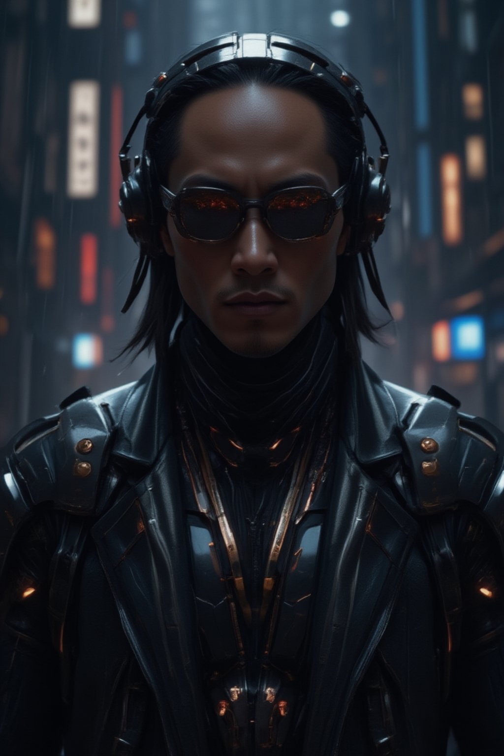 A close-up shot of a man wearing sleek black sunglasses and a long, flowing black leather trench coat, reminiscent of characters from *The Matrix*. His expression is stoic, exuding a sense of mystery and power. The futuristic coat is detailed with subtle metallic accents and cybernetic enhancements visible on his neck and collar. He is also wearing sleek, high-tech headphones that blend seamlessly into the cyberpunk aesthetic, with glowing accents that match the metallic elements of his outfit. The background features a dark, dystopian city with neon lights reflecting off his sunglasses, digital rain falling, and towering skyscrapers in the distance, evoking a cyberpunk atmosphere. The scene is intense and filled with a futuristic, high-tech vibe, focusing on the man's upper body and head, capturing his presence and confidence, FuturEvoLabScene, FuturEvoLabNinja