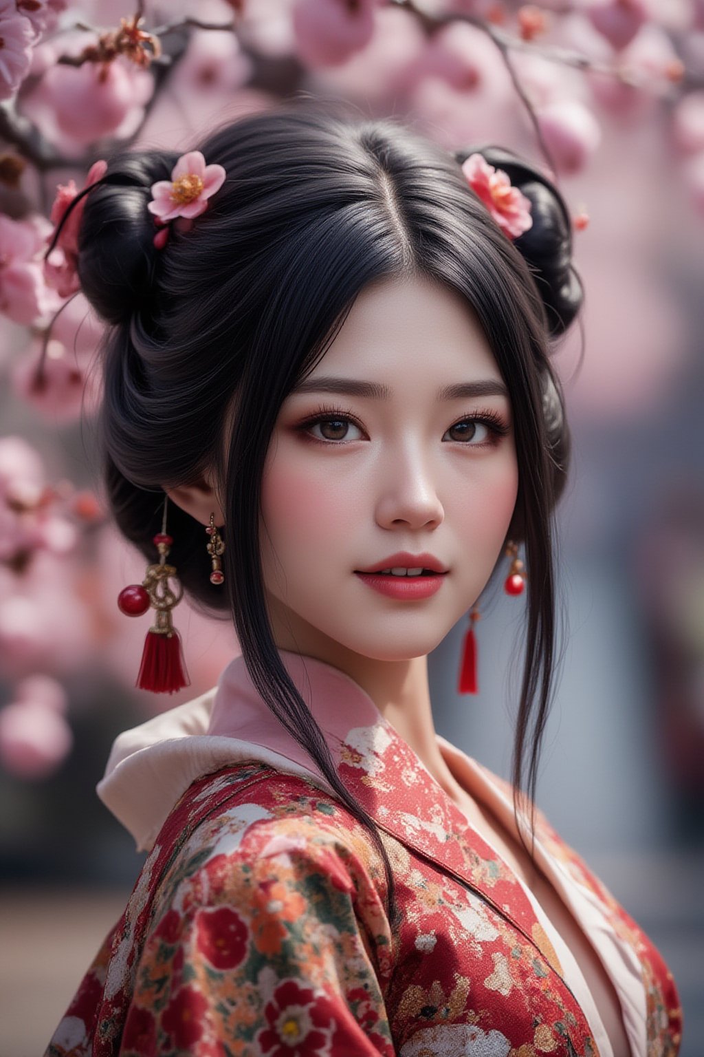 A serene Japanese maiden stands alone against a blurry backdrop of blooming cherry blossom trees. She gazes directly at the viewer with a gentle smile, her parted bangs framing her heart-shaped face. Her black hair cascades down her back, adorned with intricate hair ornaments and hair rings. Red eyes sparkle beneath luscious eyelashes, and her lips curve upward in a subtle grin. A floral print kimono drapes across her upper body, its vibrant colors muted by the soft focus of the background. Delicate earrings and a tassel dangle from her ears as she wears a bow-adorned hairstyle. The camera's shallow depth of field blurs everything except for our subject, emphasizing her captivating presence.