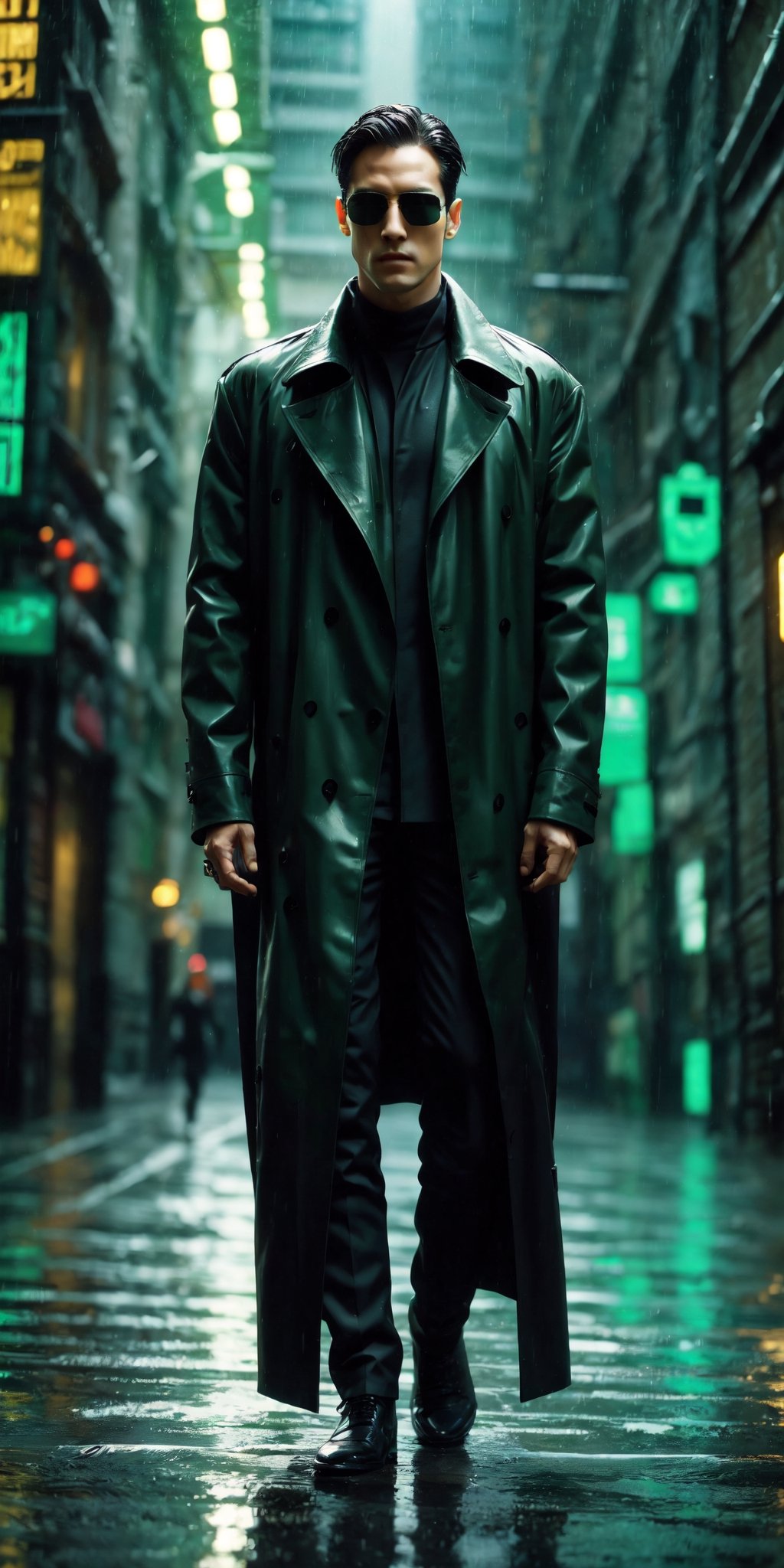 Matrix, full body, 1 man, black coat, sunglasses, green code rain,