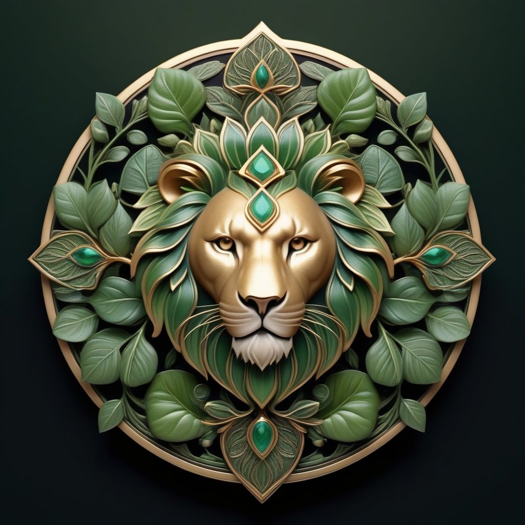 Score_9, Score_8_up, Score_7_up, Score_6_up, Score_5_up, Score_4_up, masterpiece, best quality,
BREAK
(FuturEvoLabBadge:1.5), Fresh green style badge,
BREAK
(lion head:1.5), 
BREAK
front view, intricate design, symmetrical pattern, surrounded by leaves, intricate details, natural elements, serene expression, soft lighting, green and earthy tones, botanical theme, ethereal atmosphere, modern and organic blend emblem, vibrant hues, black background, FuturEvoLabBadge, FuturEvoLabgirl