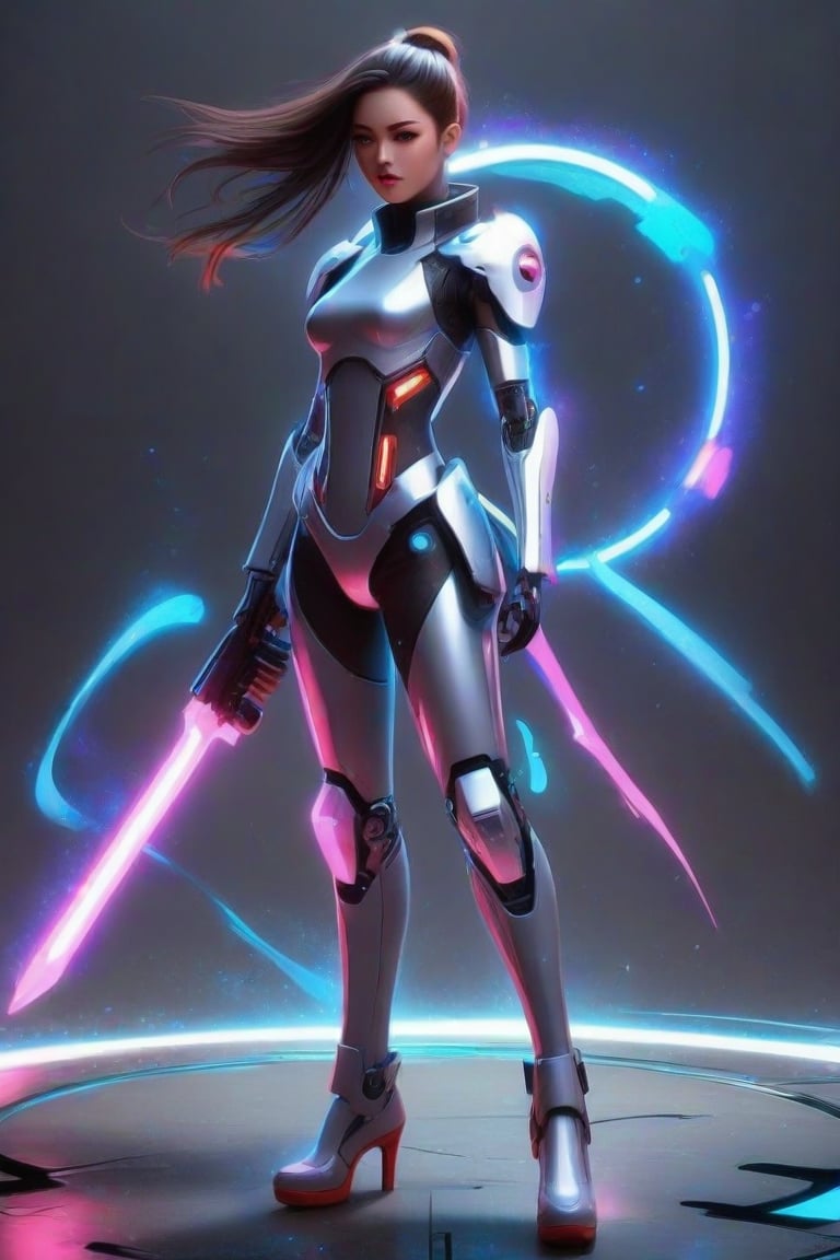 masterpiece, best quality, anime, anime style, Game character design, cyberpunk, full body, 1girl, solo, mecha, energy sword weapon, looking at viewer, gray background, FuturEvoLabMecha, FuturEvoLabGame, FuturEvoLabAnime, FuturEvoLabTaichi, FuturEvoLabCyberpunk, yin yang, taichi