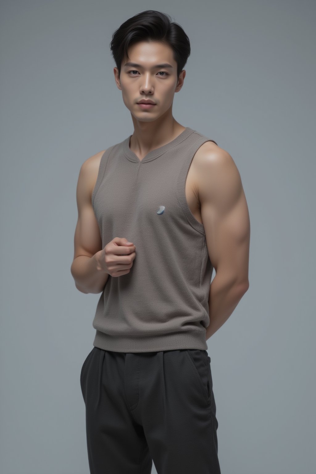 Half-body shot of a handsome Japanese male model, posing with confidence, sharp facial features, stylish outfit, focused on upper body and arms, neutral gray background, professional lighting, photorealistic, detailed skin texture, well-groomed appearance,FuturEvoLabBeautify