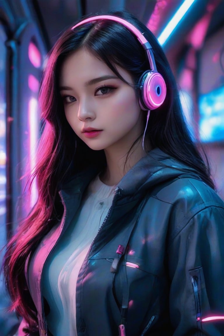 masterpiece, best quality, photorealistic, 1girl, solo, long straight hair, jet-black hair with neon pink highlights, looking at viewer, upper body, Cybernetic Lab Background with deep depth of field, neon pink and blue lighting, soft shadows, intense expression, detailed skin, smooth features, cyber setup, classic portrait style, high clarity, simple background, cinematic lighting, wearing a long futuristic trench coat with glowing accents and integrated high-tech headphones, stylish and edgy, FuturEvoLabMecha, FuturEvoLabAnime