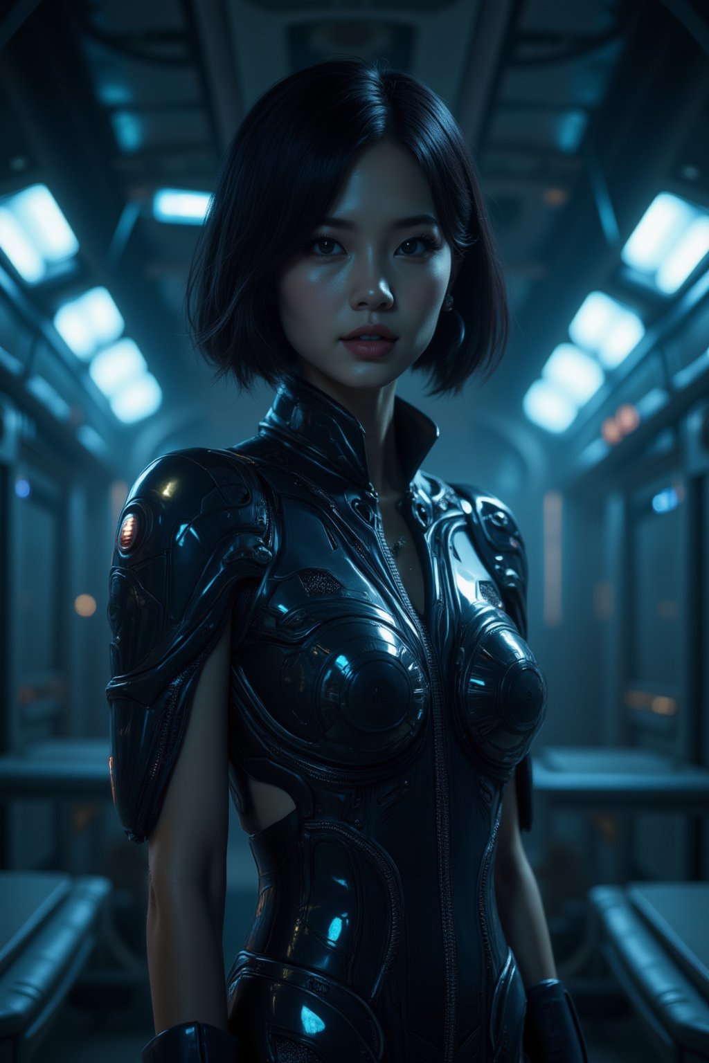 A futuristic laboratory setting with a sleek, metallic background. A single girl, donning a stylish bob-cut and form-fitting bodysuit, stands confidently in the center of the frame. Her gaze is directly aimed at the viewer, conveying a sense of determination and intelligence. The lighting is dimly lit, with soft blue hues casting an otherworldly glow. Composition wise, she's positioned to create a strong diagonal line, drawing attention to her striking features. Realistic details and textures are used throughout, showcasing the best quality in this masterpiece.,FuturEvoLabArmor