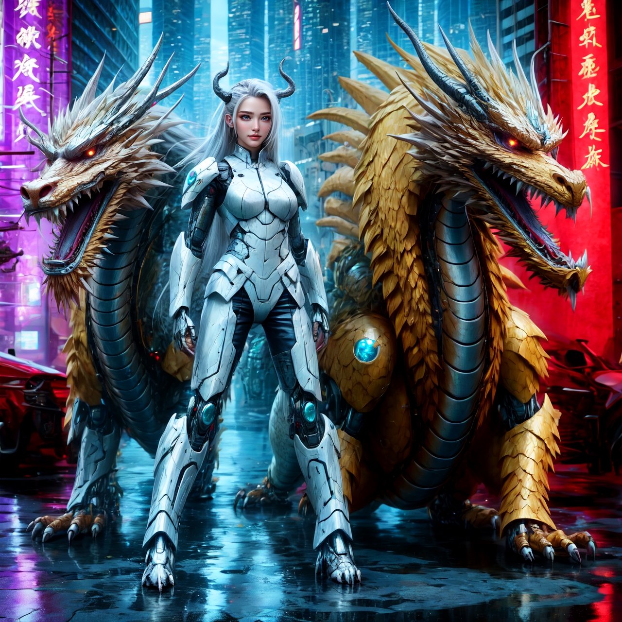 Full body, outer_space, robot female, human face, dragon skin, dragon scale pattern ,holding dragon head weapon, with long white hair,dragon-themed, complex background:1.1,Chinese Dragon,Mecha,Cyberpunk,Katon