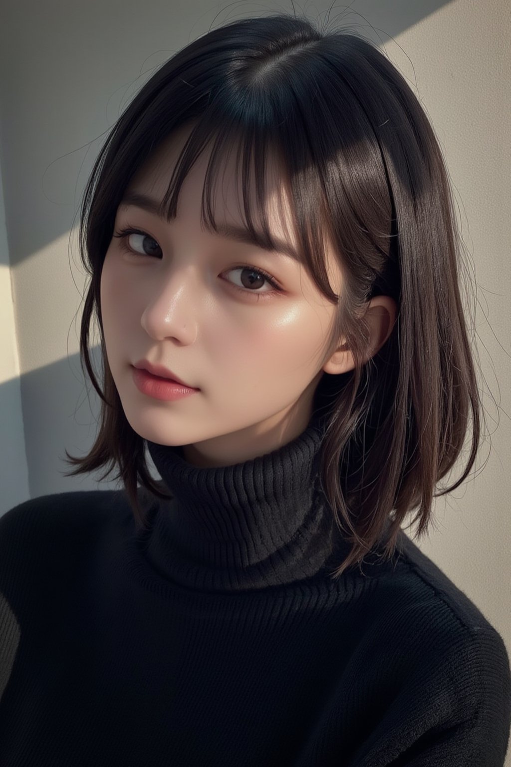 Depict a photorealistic, close-up portrait of a 32-year-old Japanese woman with black bob hair, embodying purity and innocence. She is wearing a simple black turtleneck sweater. The lighting is soft and natural, creating a serene and intimate atmosphere. The image should be high-resolution, with attention to the texture of the sweater and her gentle expression, focusing on her innocent and kind nature.