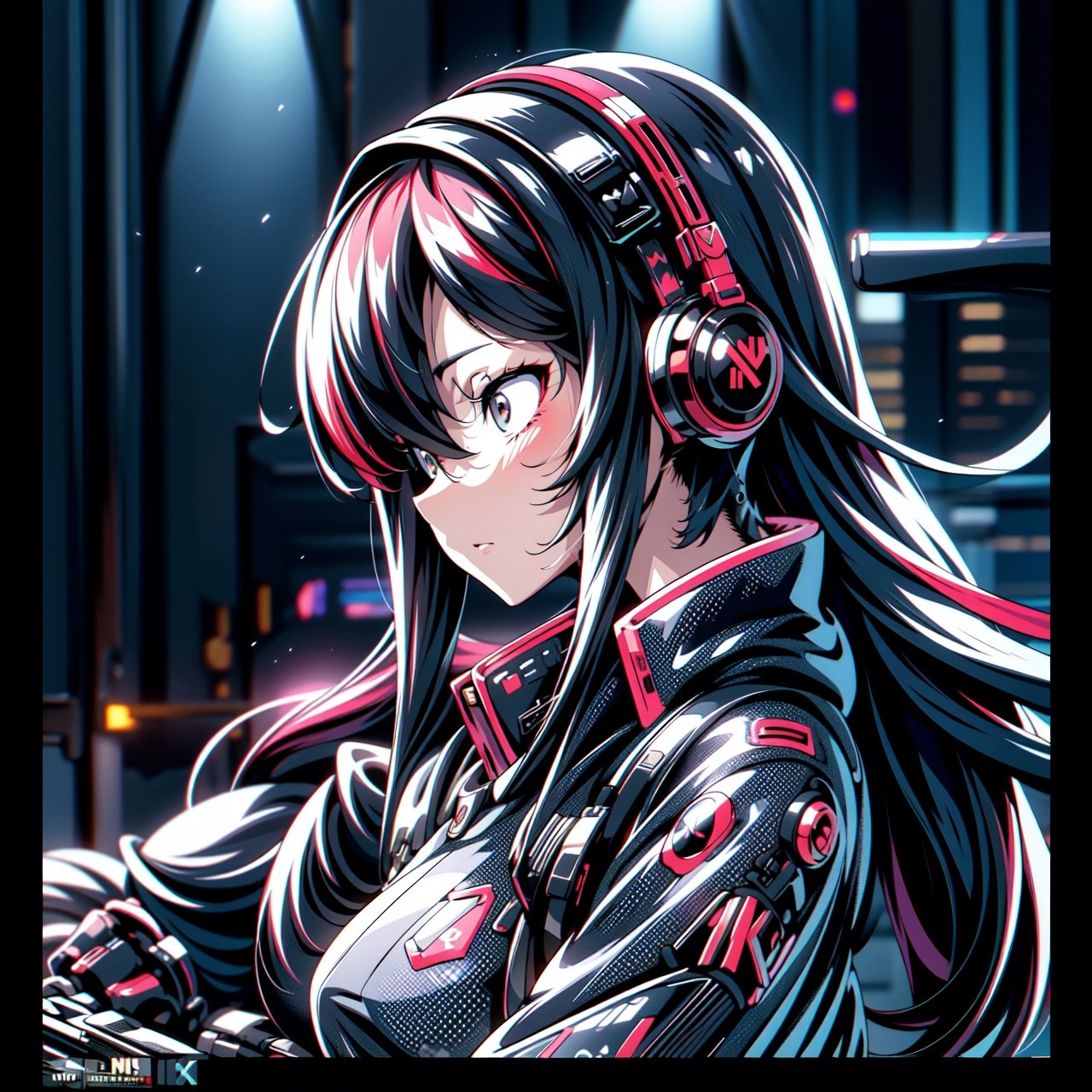 Female Ninja,working on laptop,cyberpunk style,headphones,listening to music,lofi background,keyboard,mouse,LED lights,(best quality,4k,8k,highres,masterpiece:1.2),ultra-detailed,(realistic,photorealistic:1.37),mecha,urban techwear,outfit,3DMM