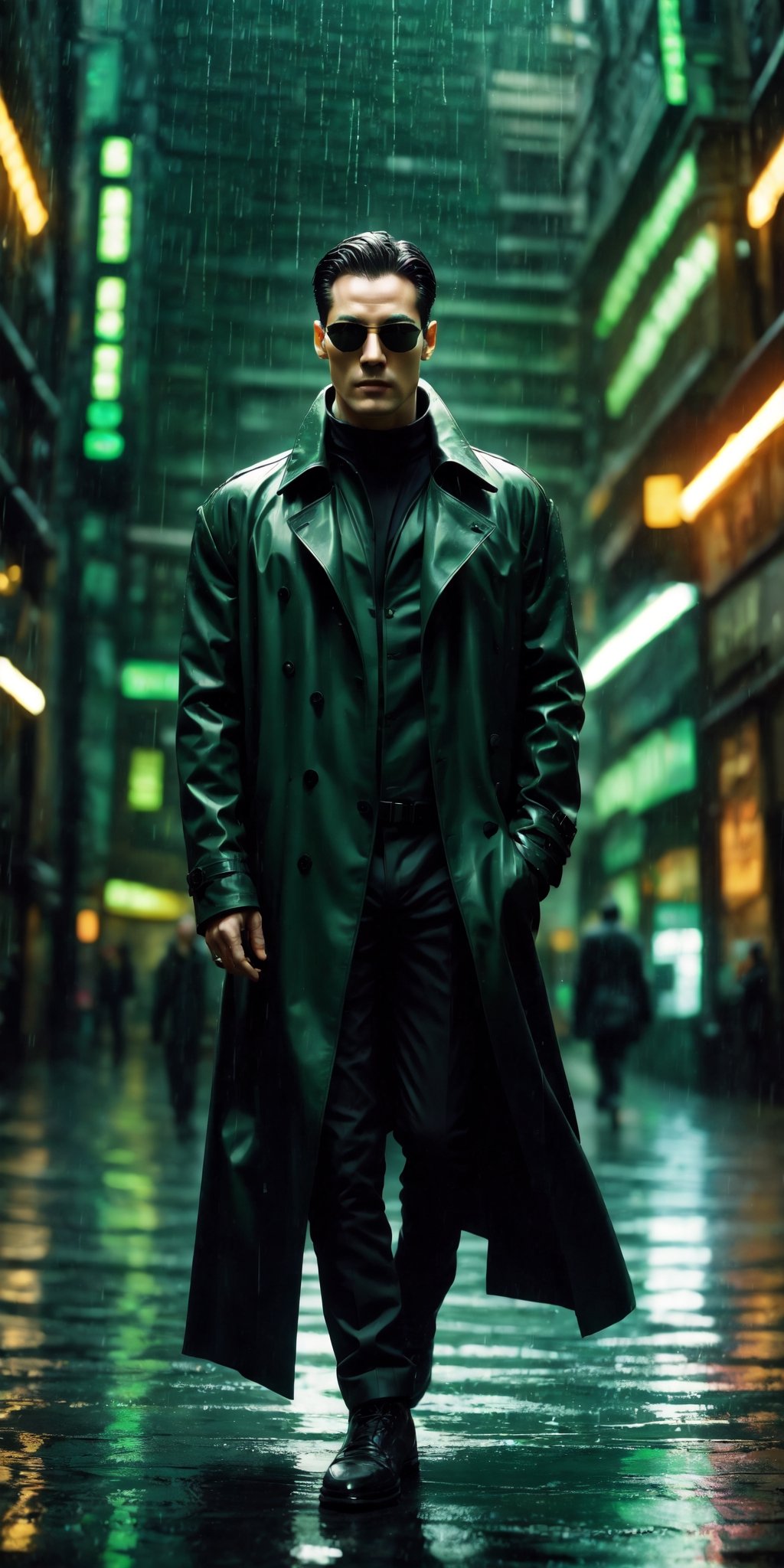 Matrix, full body, 1 man, black coat, sunglasses, green code rain,