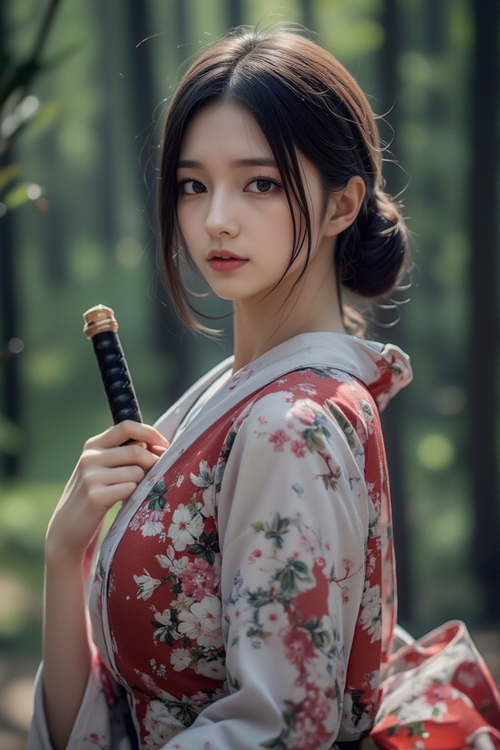 realistic photo,cimenatic style,chiarosaurio, depth of field, cinematic ligth, film, sharp focus, a realistic scene featuring, 
1girl, solo, looking at viewer, brown hair, black hair, holding, brown eyes, standing, full body, weapon, japanese clothes, sword, kimono, holding weapon, blurry, blurry background, holding sword, floral print, katana, sheath, realistic, red lips, 