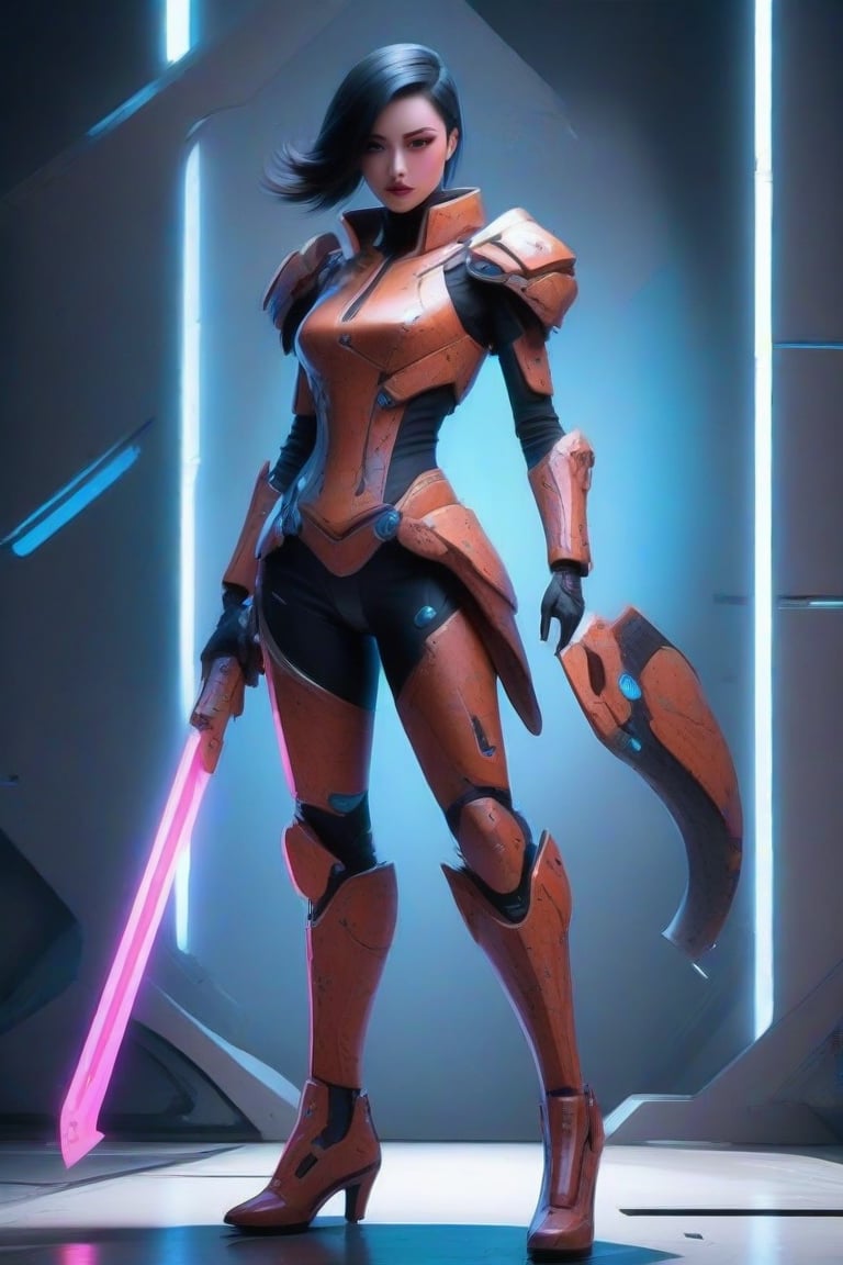 masterpiece, best quality, anime, anime style, Game character design, cyberpunk, full body, 1girl, solo, mecha, energy sword weapon, looking at viewer, gray background, FuturEvoLabMecha, FuturEvoLabGame, FuturEvoLabAnime, FuturEvoLabTaichi, FuturEvoLabCyberpunk, yin yang, taichi