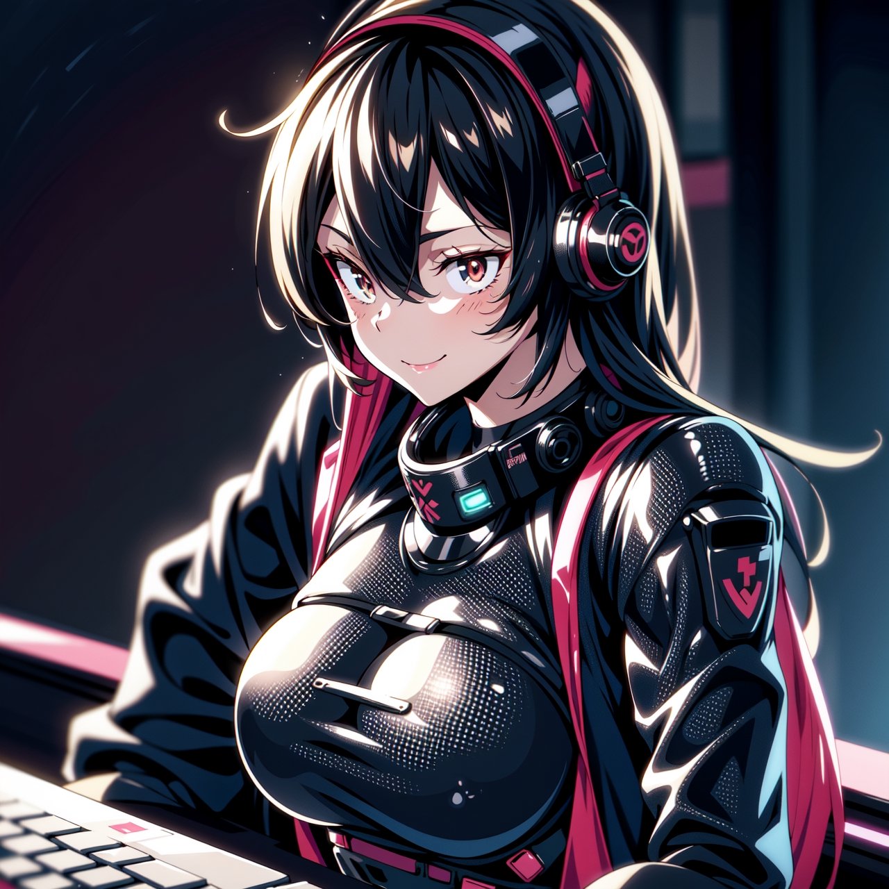 Female Ninja,Black mask,Close-up, sweet smile, lovely,working on laptop,cyberpunk style,headphones,listening to music,lofi background,keyboard,mouse,LED lights,(best quality,4k,8k,highres,masterpiece:1.2),ultra-detailed,(realistic,photorealistic:1.37),mecha,urban techwear,outfit,3DMM