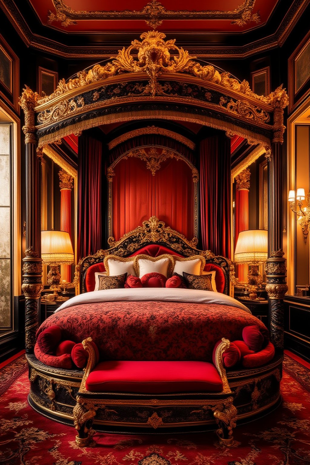 A majestic opulent bedroom with lavish furnishings: Soft golden light pours through floor-to-ceiling windows framing a stately four-poster bed, adorned with intricate carvings and sumptuous fabrics. Plush carpets in rich jewel tones cover the floor, while ornate mirrors and gilded picture frames add to the room's regal atmosphere.,FuturEvoLabRoom