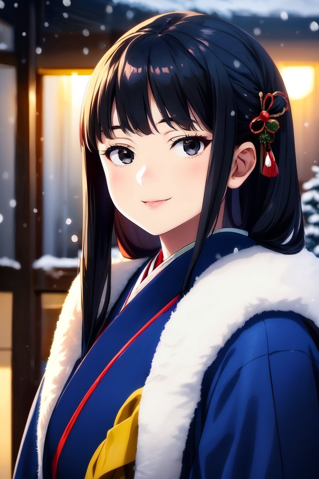 Warm lighting, beautiful Japanese girl, detailed face, shy smile, black eyes, straight black hair, luxurious red hairpin, details (brocade kimono of dark blue silk fabric), Kyoto, outdoor, winter, snow, upper body, realistic ,Japanese girl,Santa Claus,young girl,CyberMechaGirl