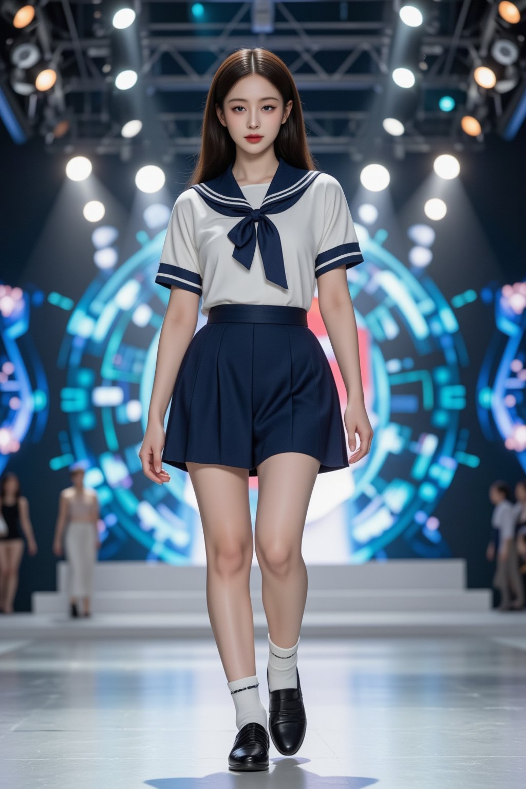 An 18-year-old girl, dressed in a traditional Japanese school sailor uniform with white socks and black schoolgirl loafers, walks confidently on a futuristic runway, lit by digital spotlights. Her eyes are focused straight ahead, filled with passion and drive to achieve stardom, and a soft smile graces her face, adding a touch of warmth and optimism. Around her, holographic visuals of AI technology shimmer, symbolizing the modern world where her talent will shine. Full-body, capturing her strong posture, the energy of her smile, the white socks, and black shoes, and the vibrant world of AI advancements.