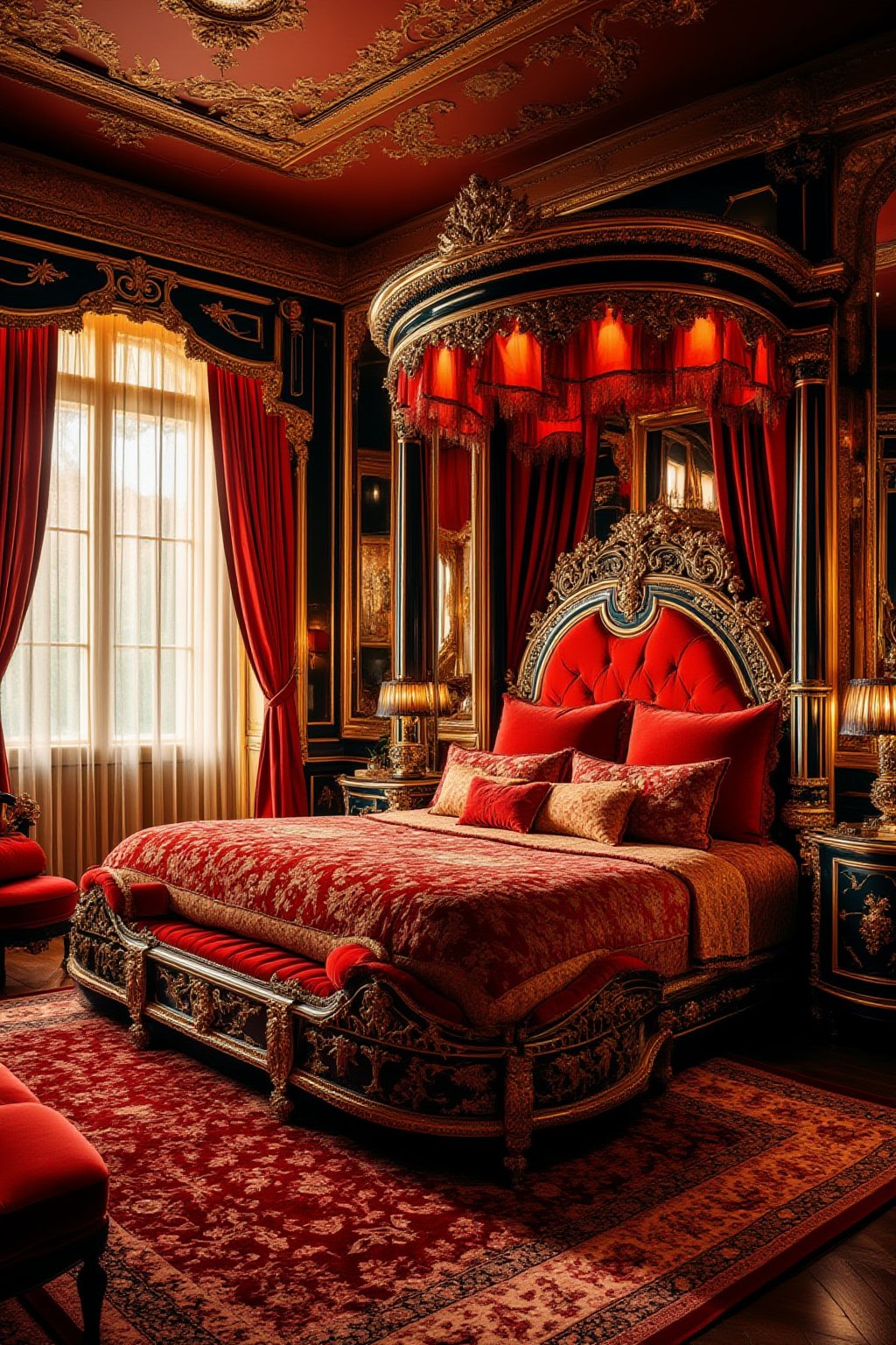 A majestic opulent bedroom with lavish furnishings: Soft golden light pours through floor-to-ceiling windows framing a stately four-poster bed, adorned with intricate carvings and sumptuous fabrics. Plush carpets in rich jewel tones cover the floor, while ornate mirrors and gilded picture frames add to the room's regal atmosphere.,FuturEvoLabRoom