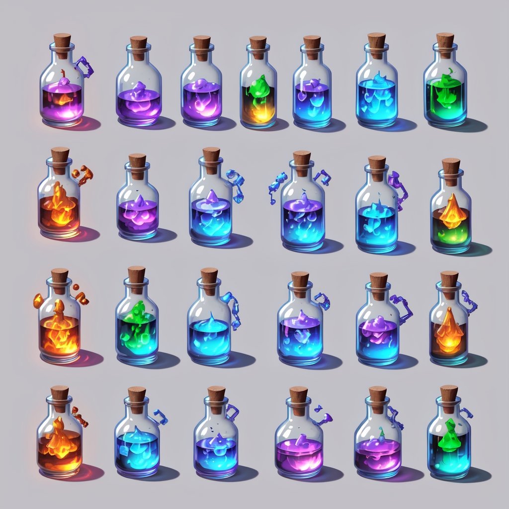 Array of magical world style potion bottles in pixel art, Each item is an independent pixelated entity with high-tech magic stoppers, Arranged in 2D pixel game prop style, No overlapping, Solid gray-black background for easy clipping, High quality, Detailed, Pixelated, Each potion bottle features a unique pixel design with Western fantasy aesthetics