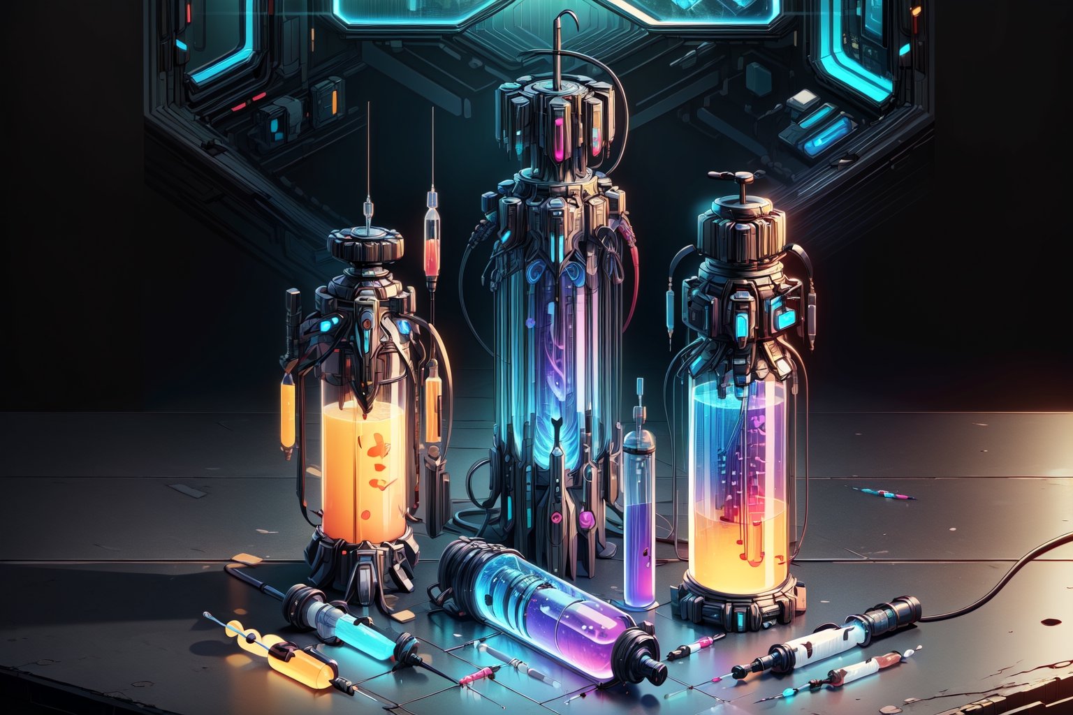 (Masterpiece:1.5), (Best-quality:1.5), (Ultra-detailed:1.5), 8K, 8K-HDR, 8K-Wallpaper, Official art, by FuturEvoLab, An-extremely-delicate-and-beautiful, Cyberpunk style props, Syringe, Medicine bottle, Game props, 