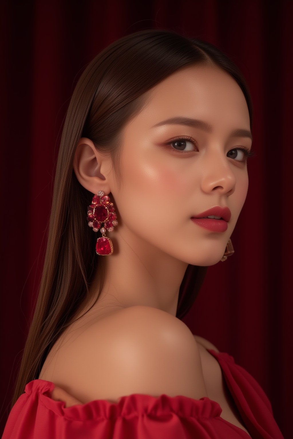 A close-up photo of the model wearing statement ruby earrings, matched with a classic red gown. The deep maroon background contrasts with her soft features and bold, red lips, placing emphasis on one earring, representing opulence and allure.
