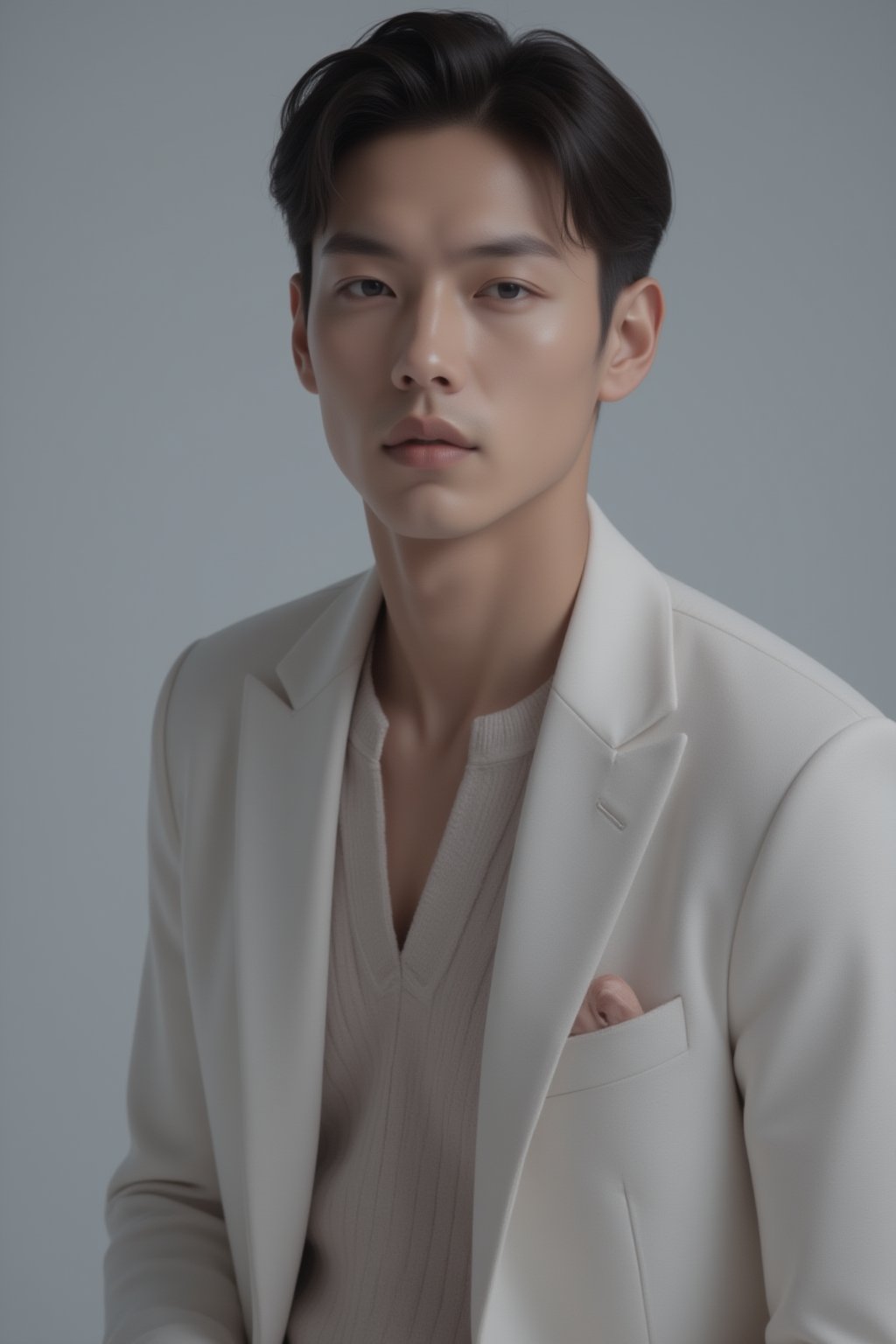 Half-body shot of a handsome Japanese male model, posing with confidence, sharp facial features, stylish outfit, focused on upper body and arms, neutral gray background, professional lighting, photorealistic, detailed skin texture, well-groomed appearance,FuturEvoLabBeautify