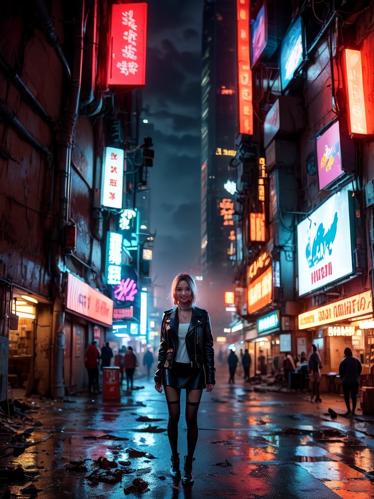 (masterpiece, high quality:1.5), (8K, HDR, ultra-detailed), photorealistic, 
BREAK
1girl, solo, upper body, cyberpunk girl, futuristic girl, against a misty post-apocalyptic cityscape, a humanoid robot stands tall, it is orange head and large black eyes surveying the desolate surroundings, wearing a black leather jacket, raises its right hand near its head, the urban street lined with neon signs and advertisements, futuristic glow amidst ruins, abandoned vehicles, dilapidated buildings, fog swirls around the robot, shrouding in mystery, dystopian landscape, dystopian cyberpunk, FuturEvoLabCyberpunk, FuturEvoLabGirl, 