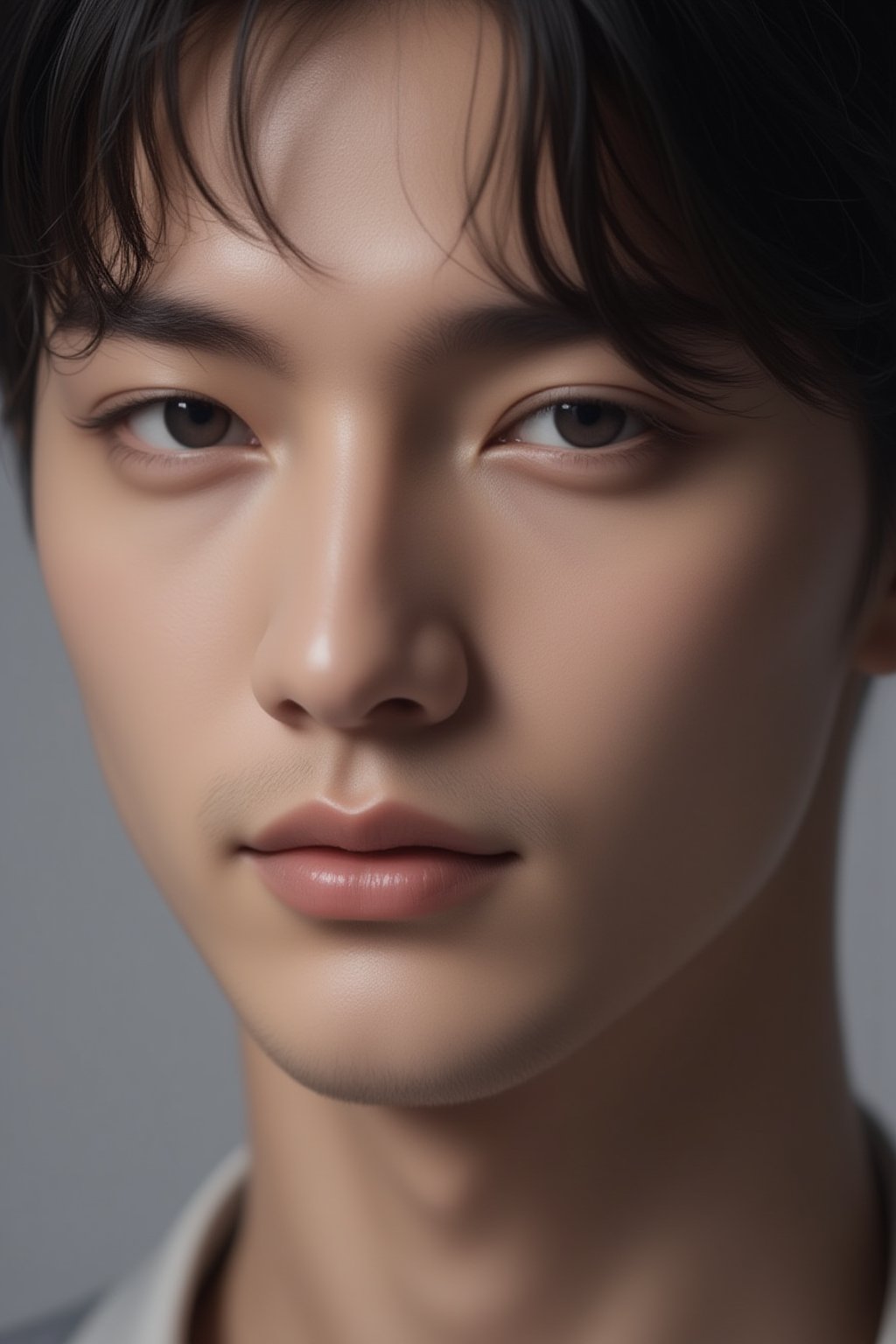 Close-up shot of a handsome Japanese male model, sharp jawline, expressive eyes, perfect skin texture, well-groomed hair, soft lighting to emphasize facial features, neutral gray background, highly detailed, photorealistic portrait, intense focus on facial structure,FuturEvoLabBeautify