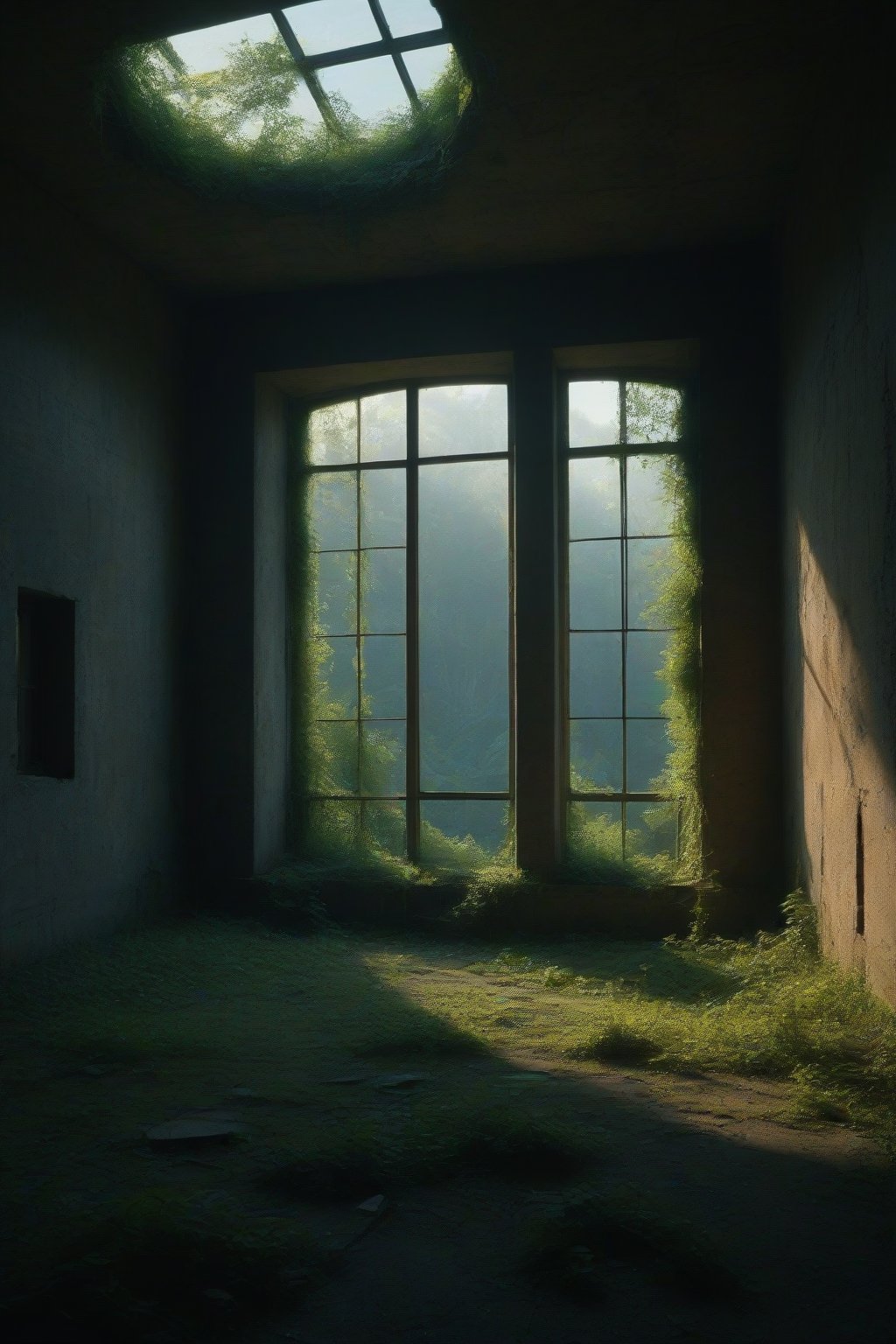 FuturEvoLabScene, ruins scene, ruins, Night, Moonlight, indoors, no humans, window, sunlight, scenery, overgrown