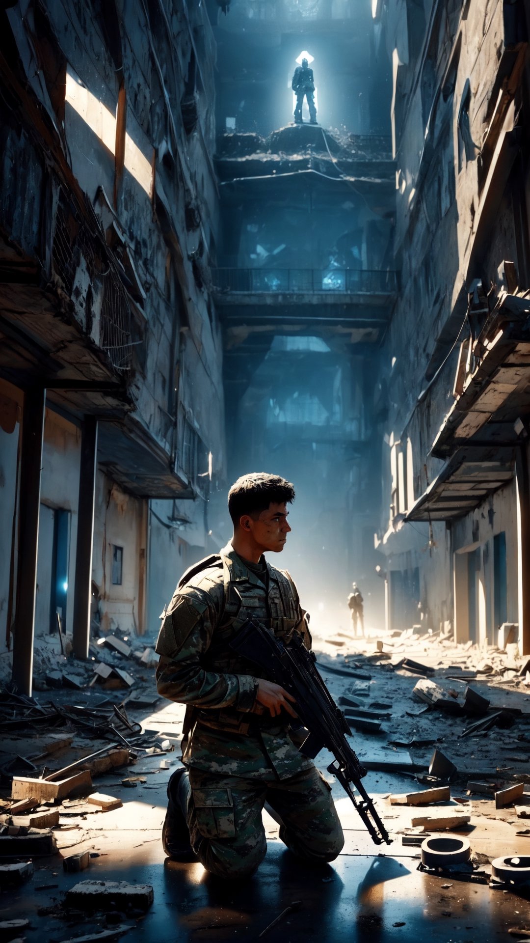 "A sorrowful modern soldier kneels, tears streaming, amidst a vast gathering of ethereal apparitions, embodying the souls of fallen individuals in a war-torn city. This hauntingly beautiful scene, reminiscent of a masterful painting, captures the soldier's anguish with intense emotion. Meticulously depicted, each ghostly figures radiates a soft glow amidst the city's ruins, creating a surreal tableau. The artist's skillful brushwork and meticulous attention to detail elevate this stunning artwork, evoking profound emotions in the viewer."
,photo r3al,r4w photo,Prison,Jail,Human bones,1 girl