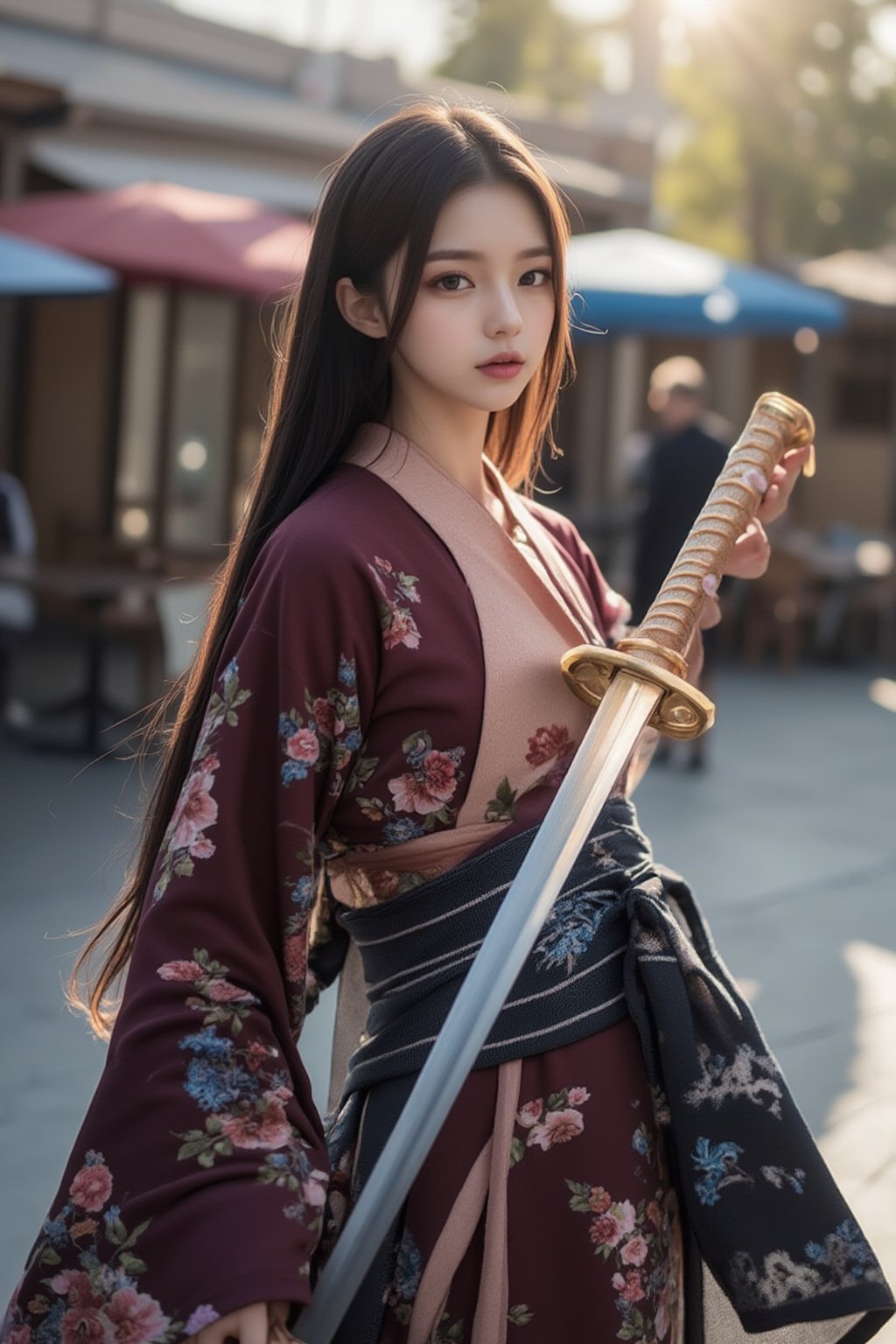 realistic photo,cimenatic style,chiarosaurio, depth of field, cinematic ligth, film, sharp focus, a realistic scene featuring, 
1girl, solo, looking at viewer, brown hair, black hair, holding, brown eyes, standing, full body, weapon, japanese clothes, sword, kimono, holding weapon, blurry, blurry background, holding sword, floral print, katana, sheath, realistic, red lips, 