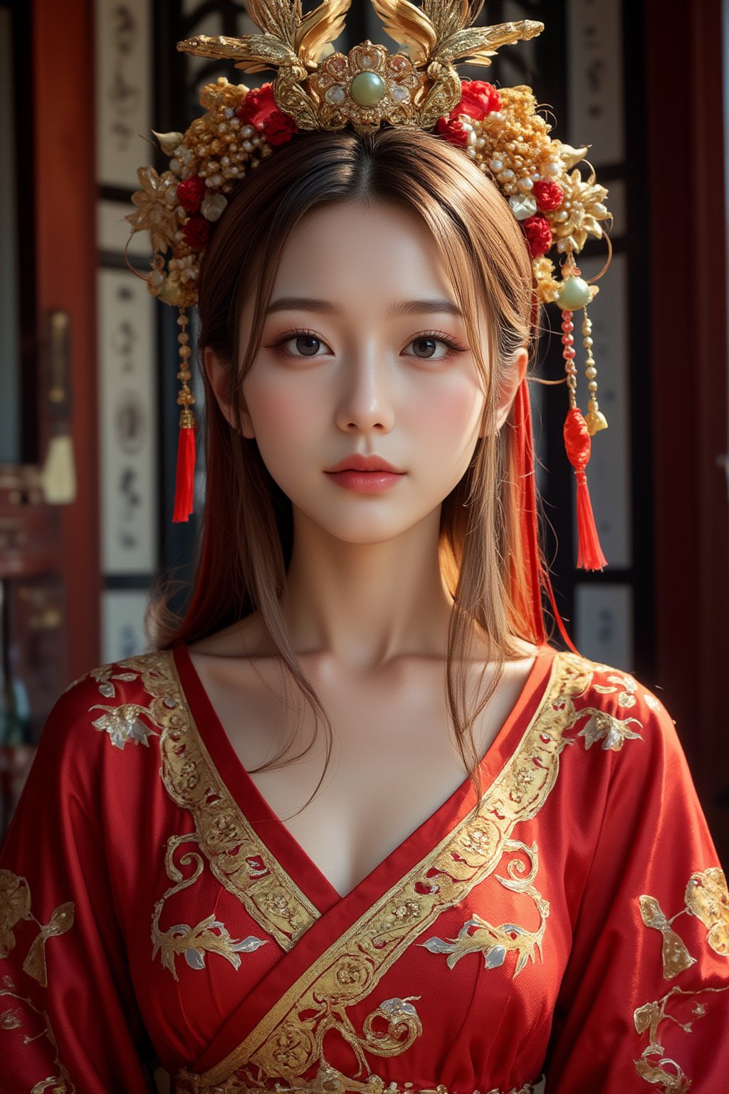 A stunning (korean woman), bangs-hairstyle ,cute-smile,wearing an opulent ancient Chinese empress costume,Her asian features, -brown eyes and fair skin, contrast beautifully with the ornate Chinese attire, Elaborate headdress adorned with gold filigree, jade beads, and hanging pearls, Intricate phoenix crown with delicate golden leaves and gemstones,Layered silk robes in rich red and gold, embroidered with dragons and auspicious symbols, Wide, flowing sleeves with detailed embroidery, Ornate collar piece studded with precious stones,Long blonde hair partially visible beneath the headdress,Beautiful woman,Photorealistic,Fantasy detailers 