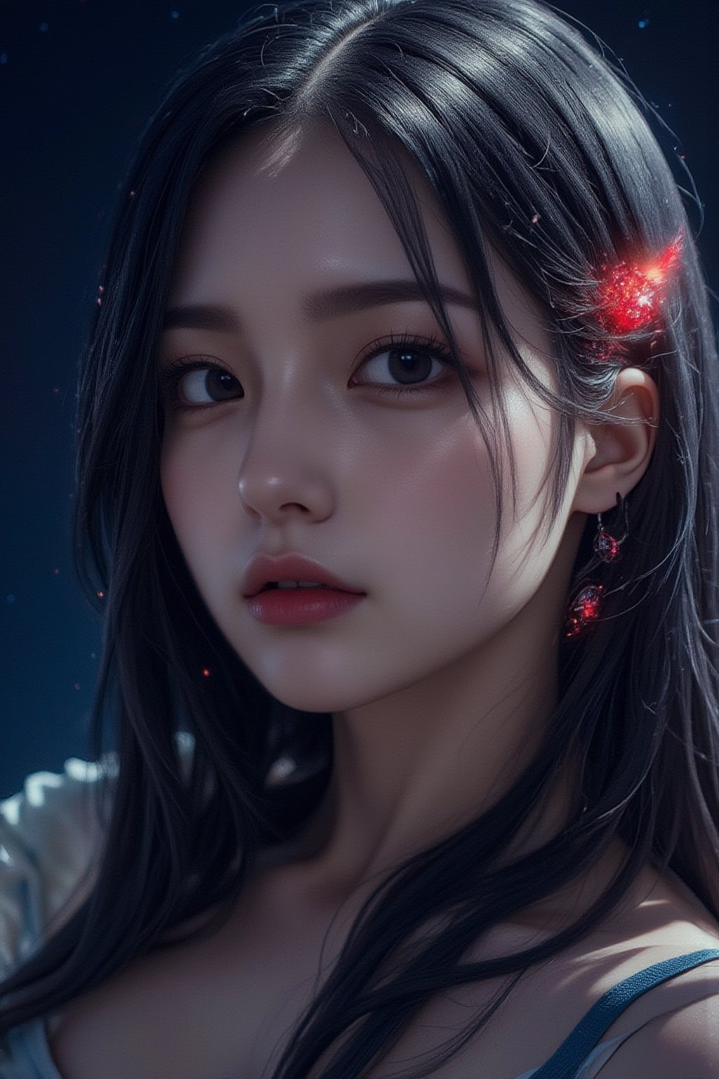 Portrait style, realism, hyper realistic, photography, oil painting, blurry effect, dynamic movement poses, 
.
( Best quality, 4K, 8K, high-resolution, masterpiece, ultra-detailed, photorealistic, a close up of a woman's face with black and white hair, glowing eyes, and lots of glitter, 1girl, long hair, red eyes, jewelry, black hair, blurry, eyelashes, lips, colored skin, depth of field, straight hair, cosmic background, portrait, gem, silver skin. ), 
.
.
Digital illustration, Digital Painting, digital art style, full body, fantasy detailers, more details, oil painting effect, fantasy art style,