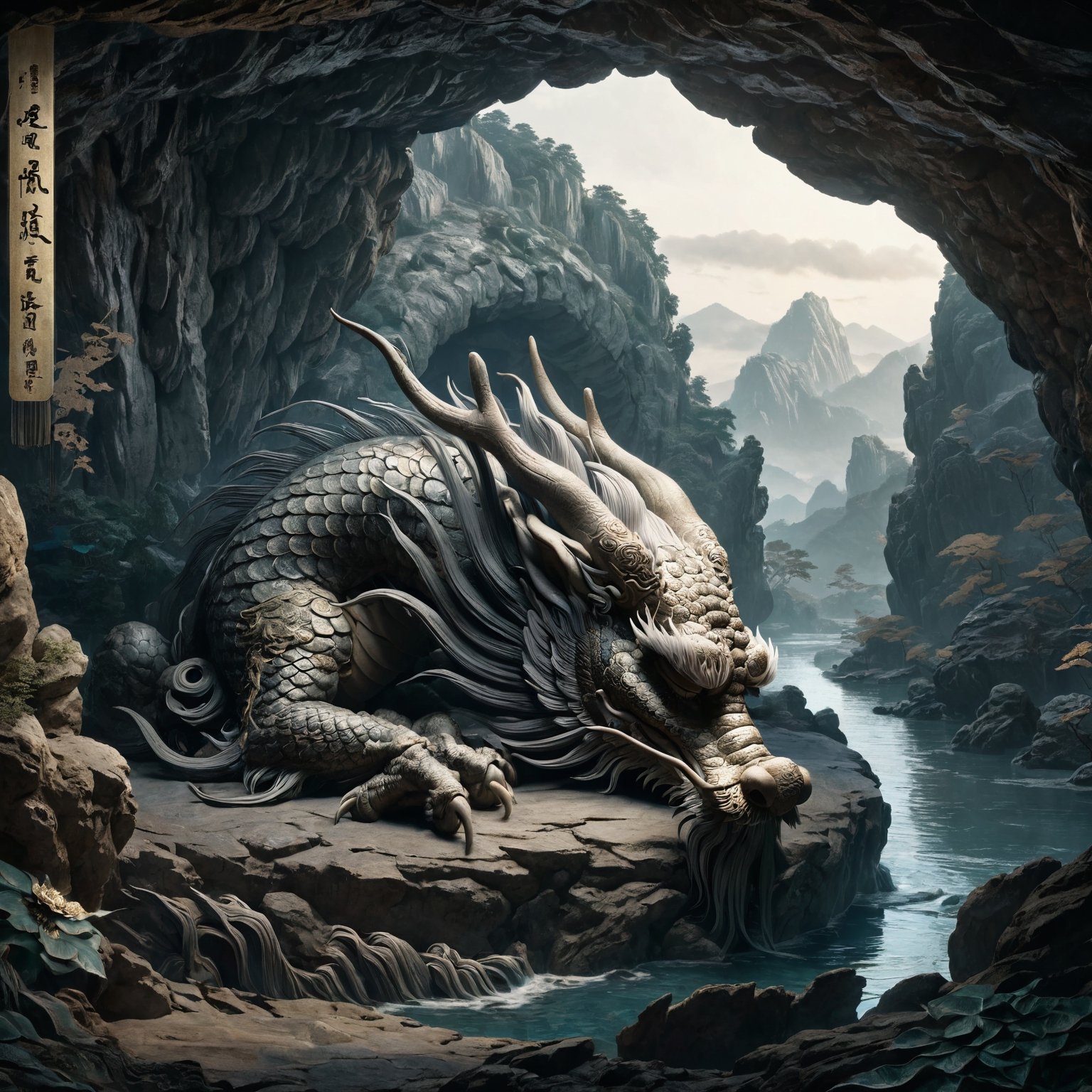 Chinese dragon sleeping in a deep ancient cave, head bowed, dignified and introspective, subdued yet detailed, humble posture with profound symbolism, in a serene and mystical mountain setting, representing repentance and solemn introspection, embodying wisdom and humility, textured scales, serene and thoughtful expression, by FuturEvoLab, (Masterpiece, Best Quality, 8k:1.2), (Ultra-Detailed, Highres, Extremely Detailed, Absurdres, Incredibly Absurdres, Huge Filesize:1.1), deep mountain cave, ancient and mystical ambiance