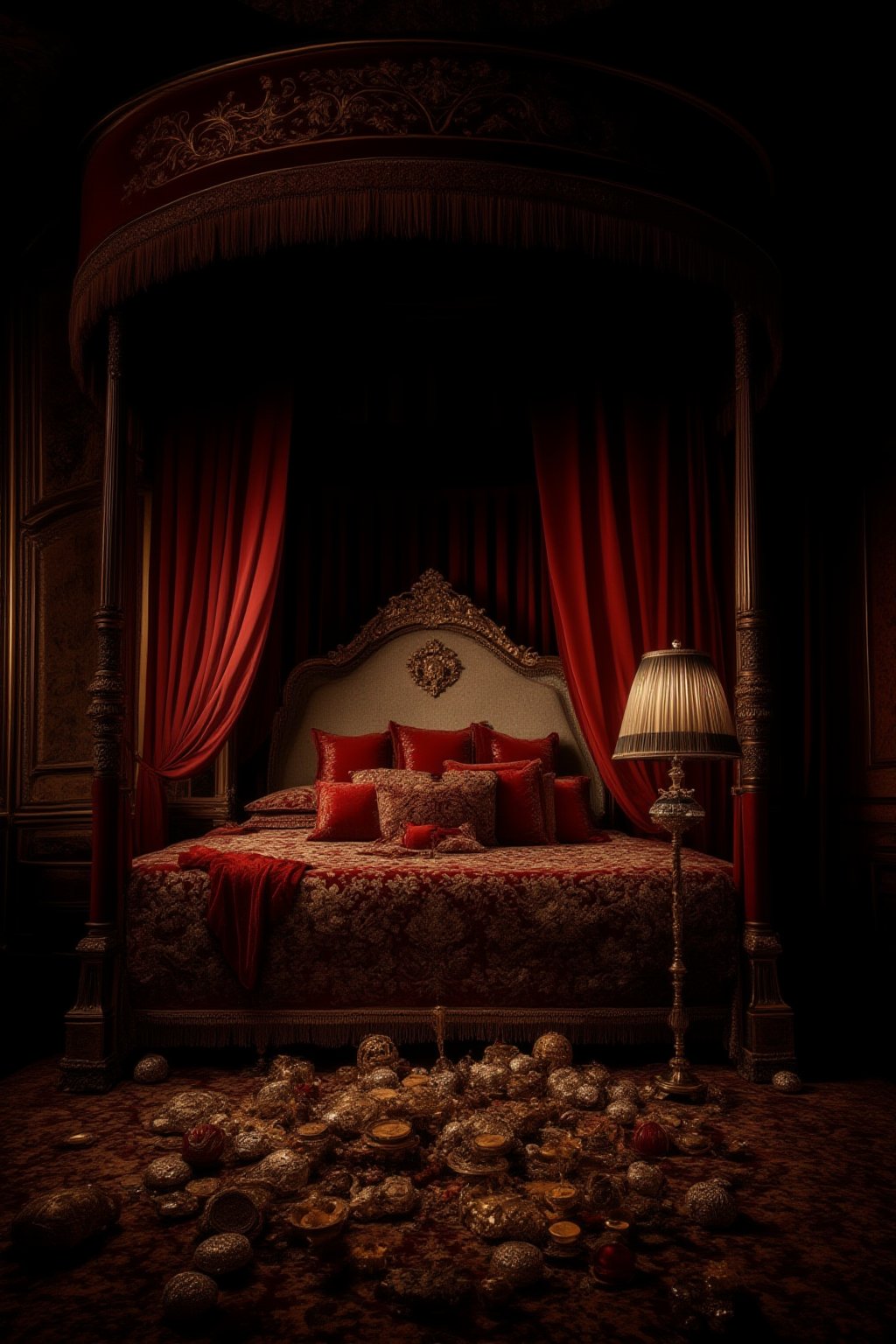 A luxurious bedchamber overflowing with gold and silver treasures. The room is dimly lit by a single candelabra on the bedside table, casting a warm glow on the opulent fabrics and ornate furnishings. A velvet canopy above the four-poster bed is embroidered with glittering thread, reflecting the treasure trove of coins, jewels, and precious artifacts scattered across the plush carpet.,FuturEvoLabRoom