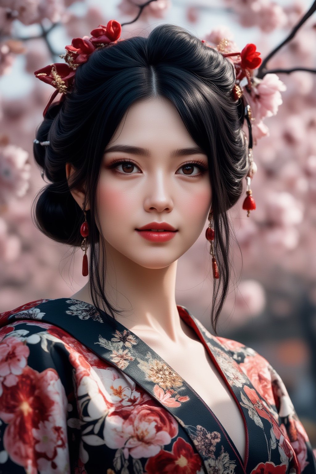 A serene Japanese maiden stands alone against a blurry backdrop of blooming cherry blossom trees. She gazes directly at the viewer with a gentle smile, her parted bangs framing her heart-shaped face. Her black hair cascades down her back, adorned with intricate hair ornaments and hair rings. Red eyes sparkle beneath luscious eyelashes, and her lips curve upward in a subtle grin. A floral print kimono drapes across her upper body, its vibrant colors muted by the soft focus of the background. Delicate earrings and a tassel dangle from her ears as she wears a bow-adorned hairstyle. The camera's shallow depth of field blurs everything except for our subject, emphasizing her captivating presence.