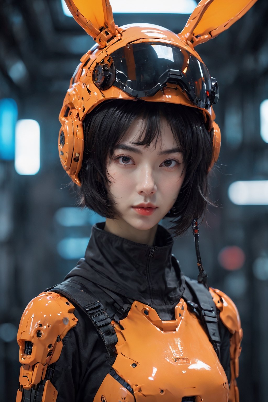 1girl, solo, looking at viewer, short hair, black hair, hat, jacket, upper body, hood, black eyes, mask, helmet, mouth mask, orange headwear, orange theme, cyberpunk,FuturEvoLab-girl,FuturEvoLab-mecha,FuturEvoLab-Bunny