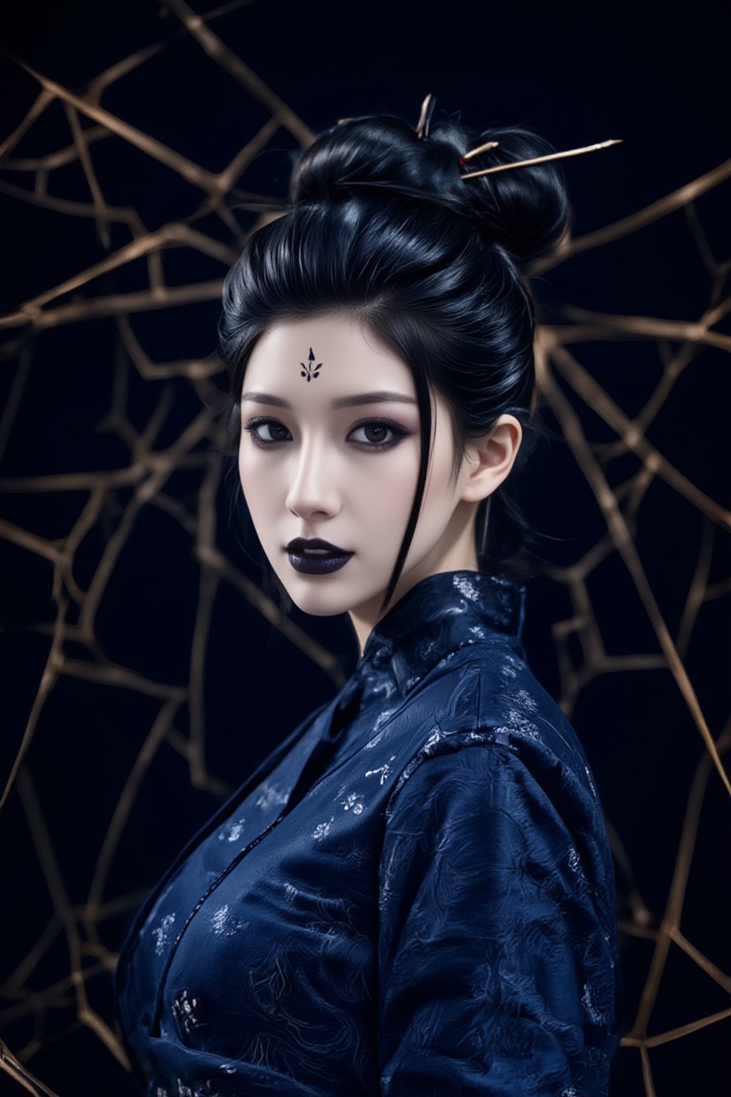 Highly stylized and artistic portrait of a person dressed in traditional Chinese clothing. The subject is wearing traditional dark blue Chinese clothing with intricate patterns. The individual has a fair skin tone and distinct facial features, including dark, dramatic makeup with black lipstick and eye accents. Their hair is styled in an elaborate updo with decorative hairpins. The background is dark, with a geometric, web-like structure framing the subject, adding a modern, abstract element to the composition,Spider spirit Fourth sister,