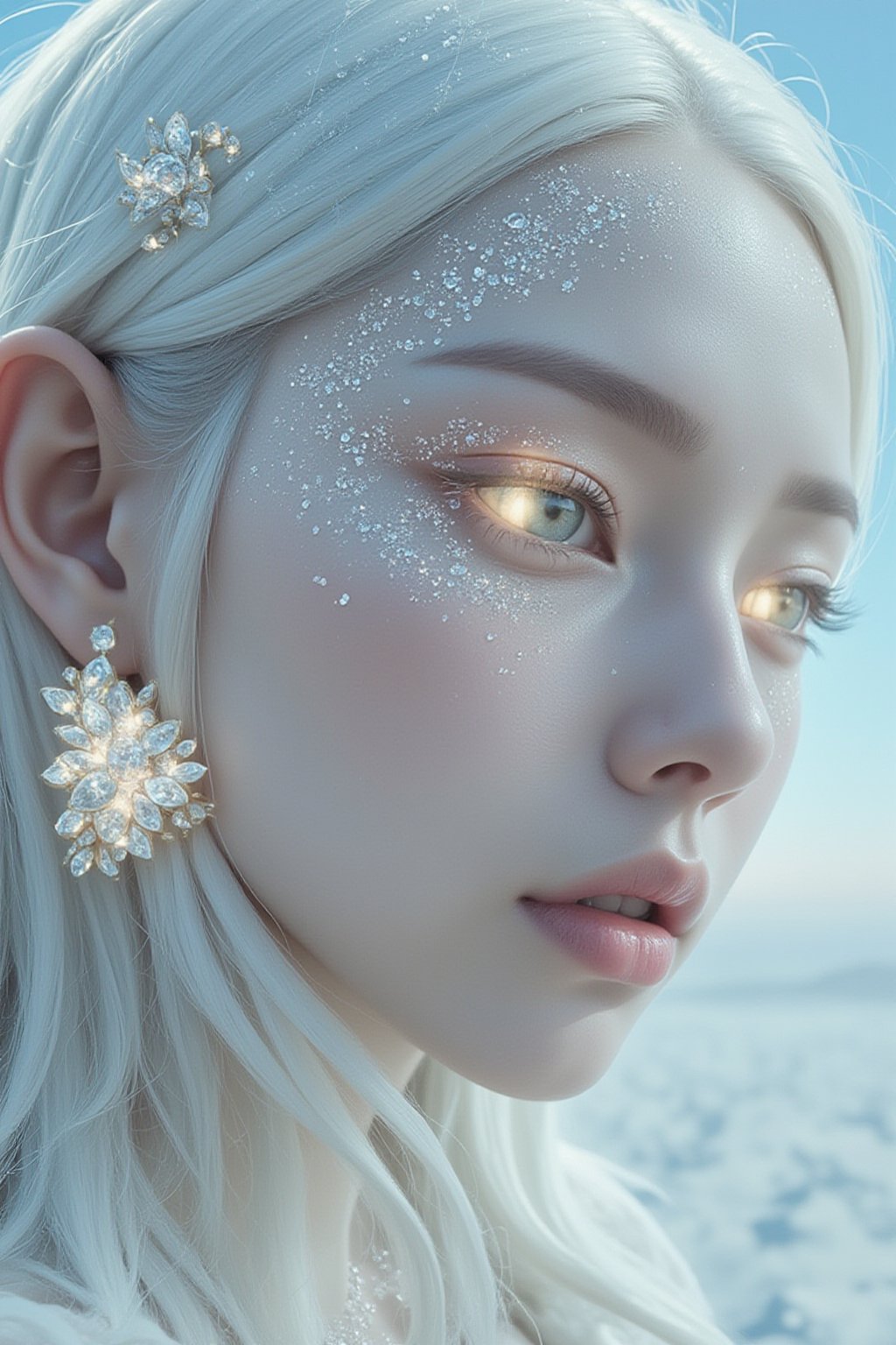 close, albino woman with glowing eyes and hair in white gold jewelry, light painting, futuristic digital, realistic sci-fi, lights, gold filigree, silver lashes, diamond, ethereal, misty, holographic, white sky on background,glitter