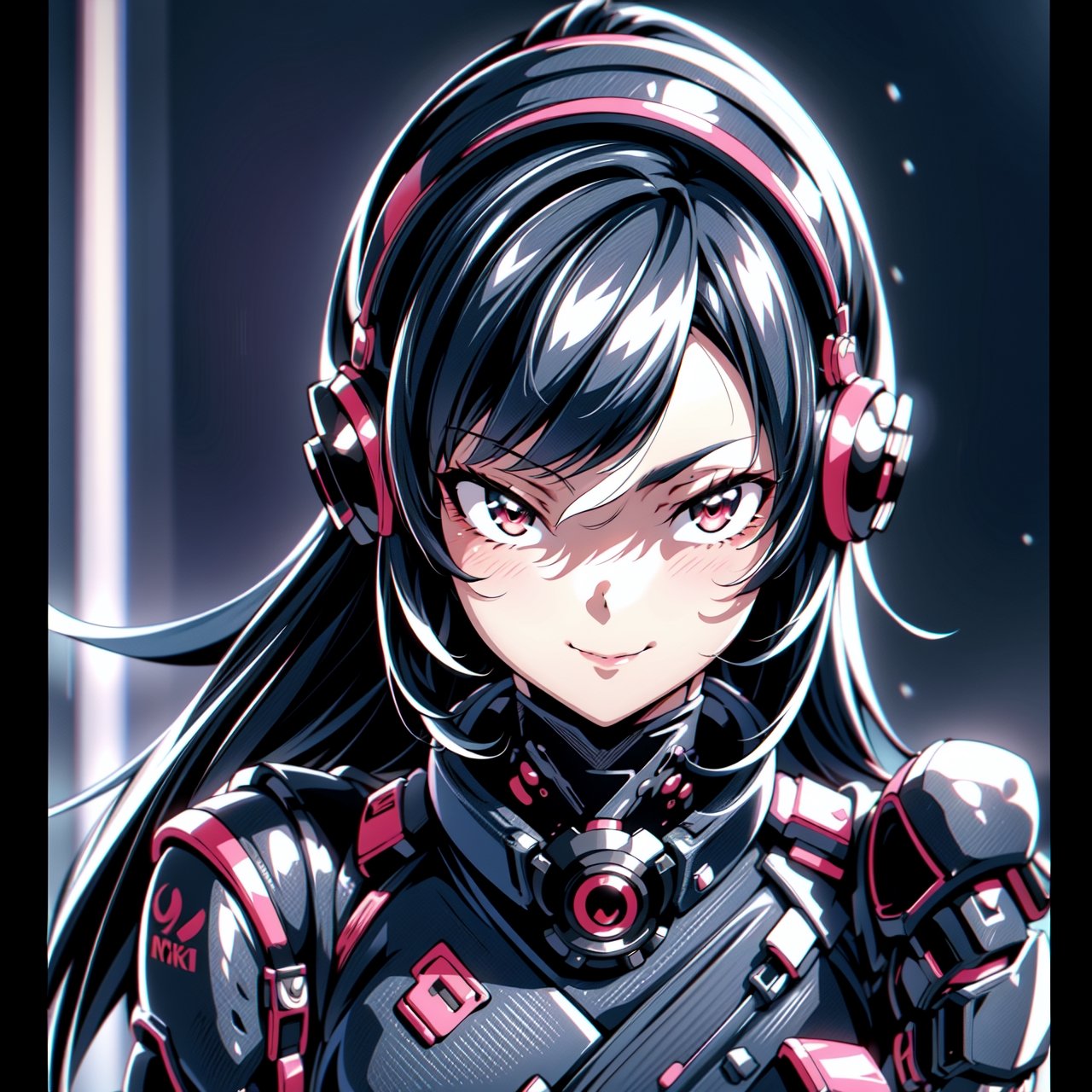 Female Ninja,Smile,lovely,working on laptop,cyberpunk style,headphones,listening to music,lofi background,keyboard,mouse,LED lights,(best quality,4k,8k,highres,masterpiece:1.2),ultra-detailed,(realistic,photorealistic:1.37),mecha,urban techwear,outfit,3DMM