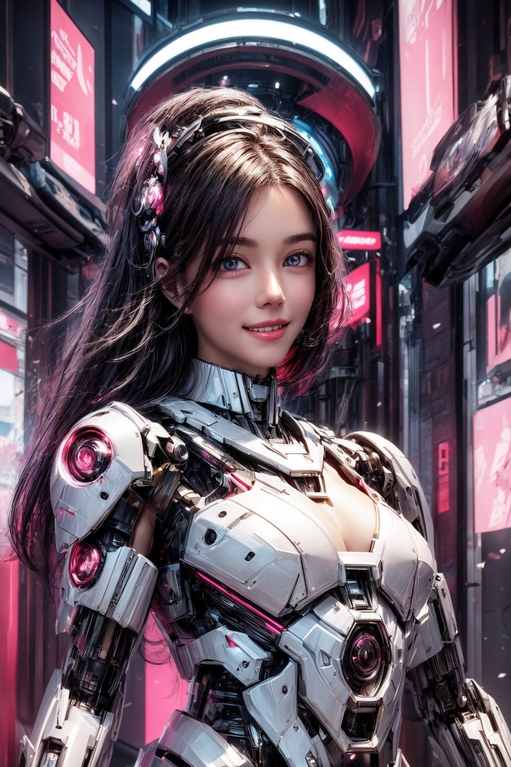 Masterpiece, High quality, 64K, Unity 64K Wallpaper, HDR, Best Quality, RAW, Super Fine Photography, Super High Resolution, Super Detailed, 
Beautiful and Aesthetic, Stunningly beautiful, Perfect proportions, 
1girl, Solo, White skin, Detailed skin, Realistic skin details, 
Futuristic Mecha, Arms Mecha, Dynamic pose, Battle stance, Swaying hair, by FuturEvoLab, 
Dark City Night, Cyberpunk city, Cyberpunk architecture, Future architecture, Fine architecture, Accurate architectural structure, Detailed complex busy background, Gorgeous, Cherry blossoms,
Sharp focus, Perfect facial features, Pure and pretty, Perfect eyes, Lively eyes, Elegant face, Delicate face, Exquisite face, Pink Mecha, ,Exquisite face