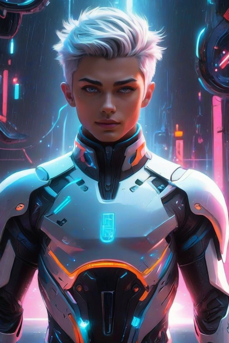 masterpiece, best quality, 1boy, solo, short hair, White hair, looking at viewer, FuturEvoLabMecha, FuturEvoLabGame,FuturEvoLabCyberpunk,FuturEvoLabBoy,FuturEvoLabCity